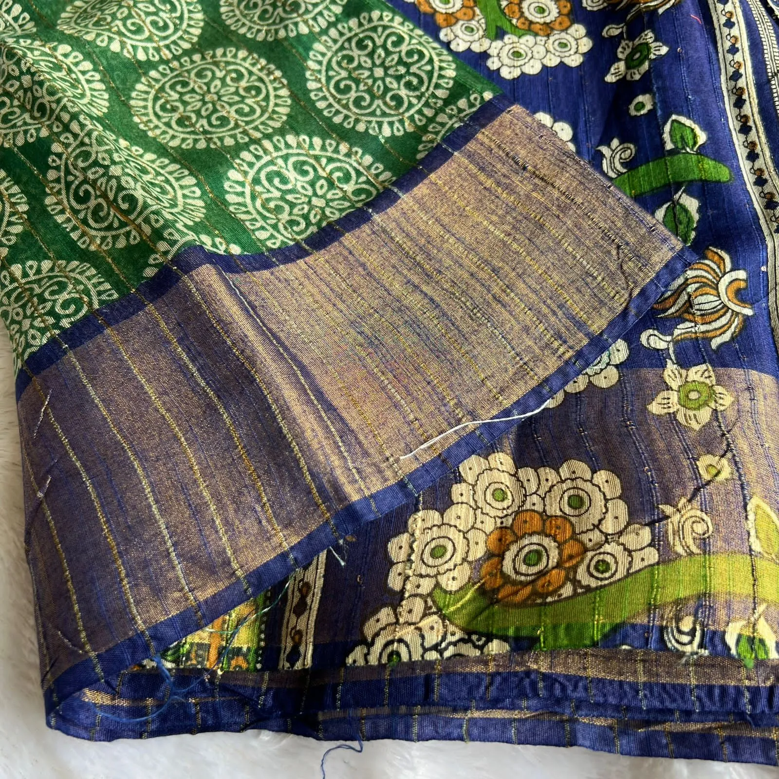 Green & blue silk cotton saree with blouse