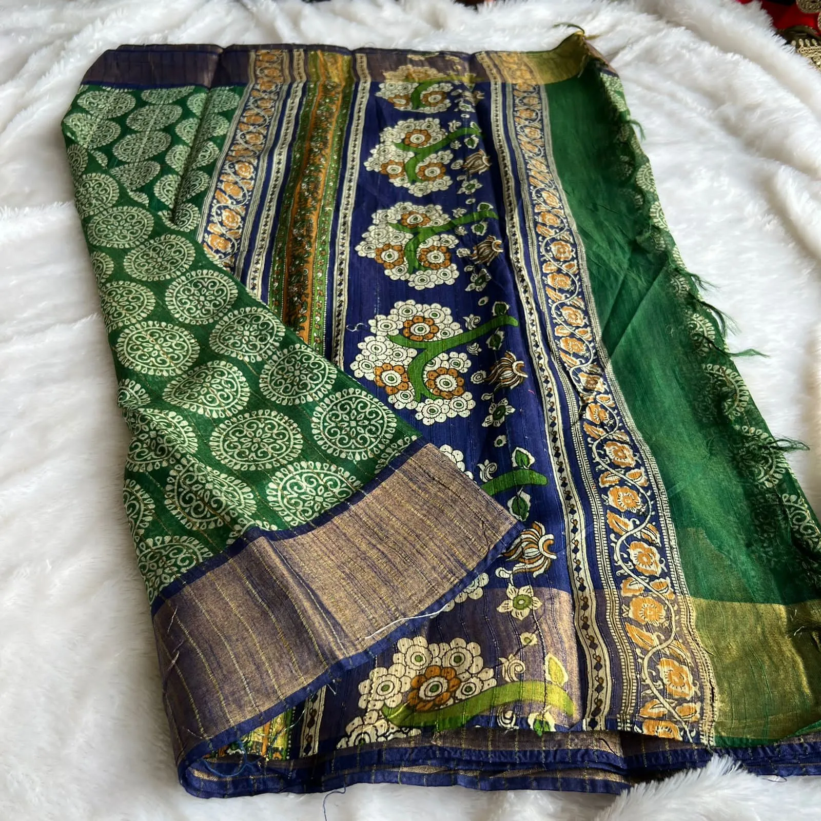 Green & blue silk cotton saree with blouse