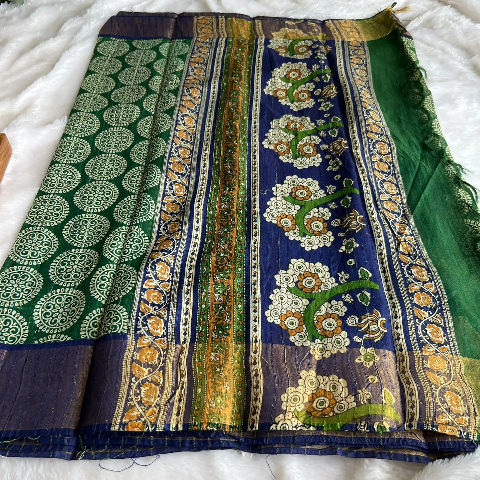 Green & blue silk cotton saree with blouse