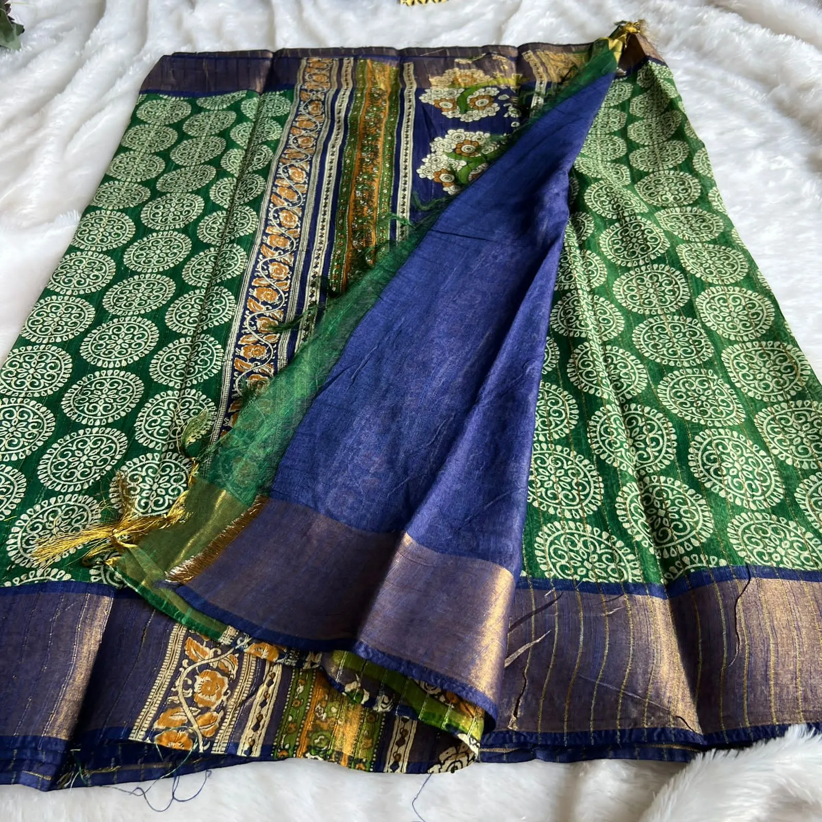 Green & blue silk cotton saree with blouse