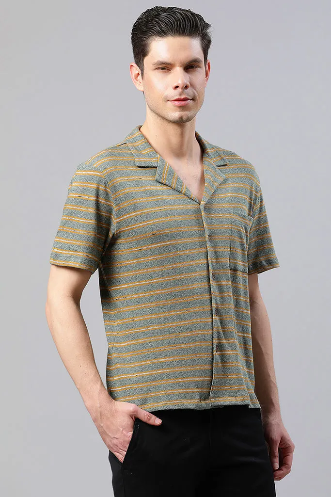 Green And Mustard Striped Casual T-Shirt