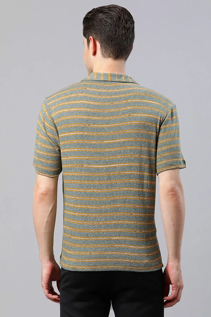 Green And Mustard Striped Casual T-Shirt