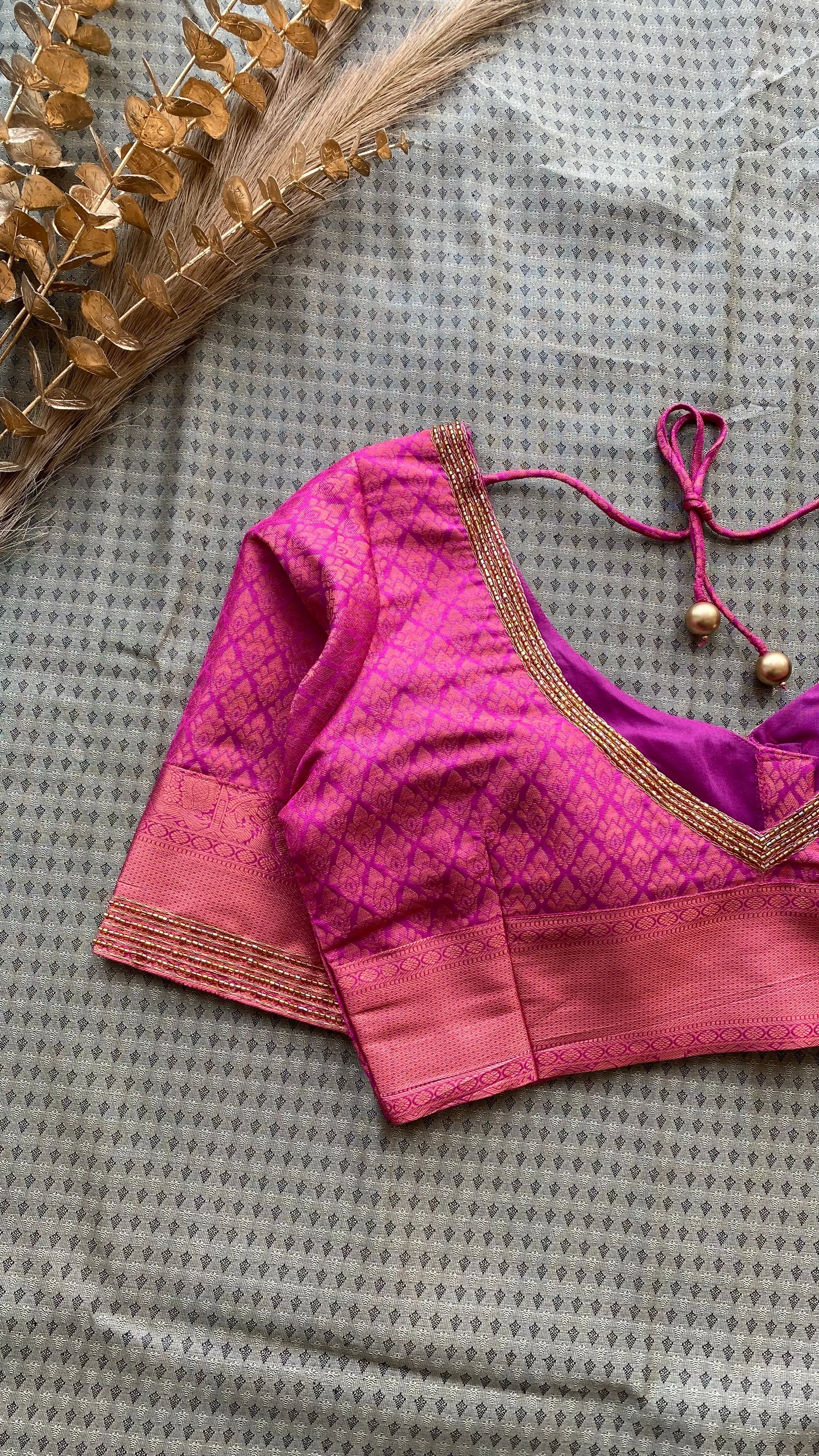 Grey and pink silk saree with hand worked blouse