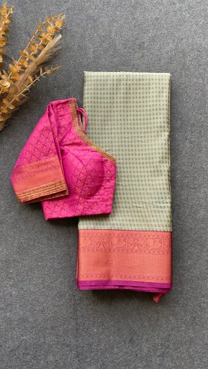 Grey and pink silk saree with hand worked blouse