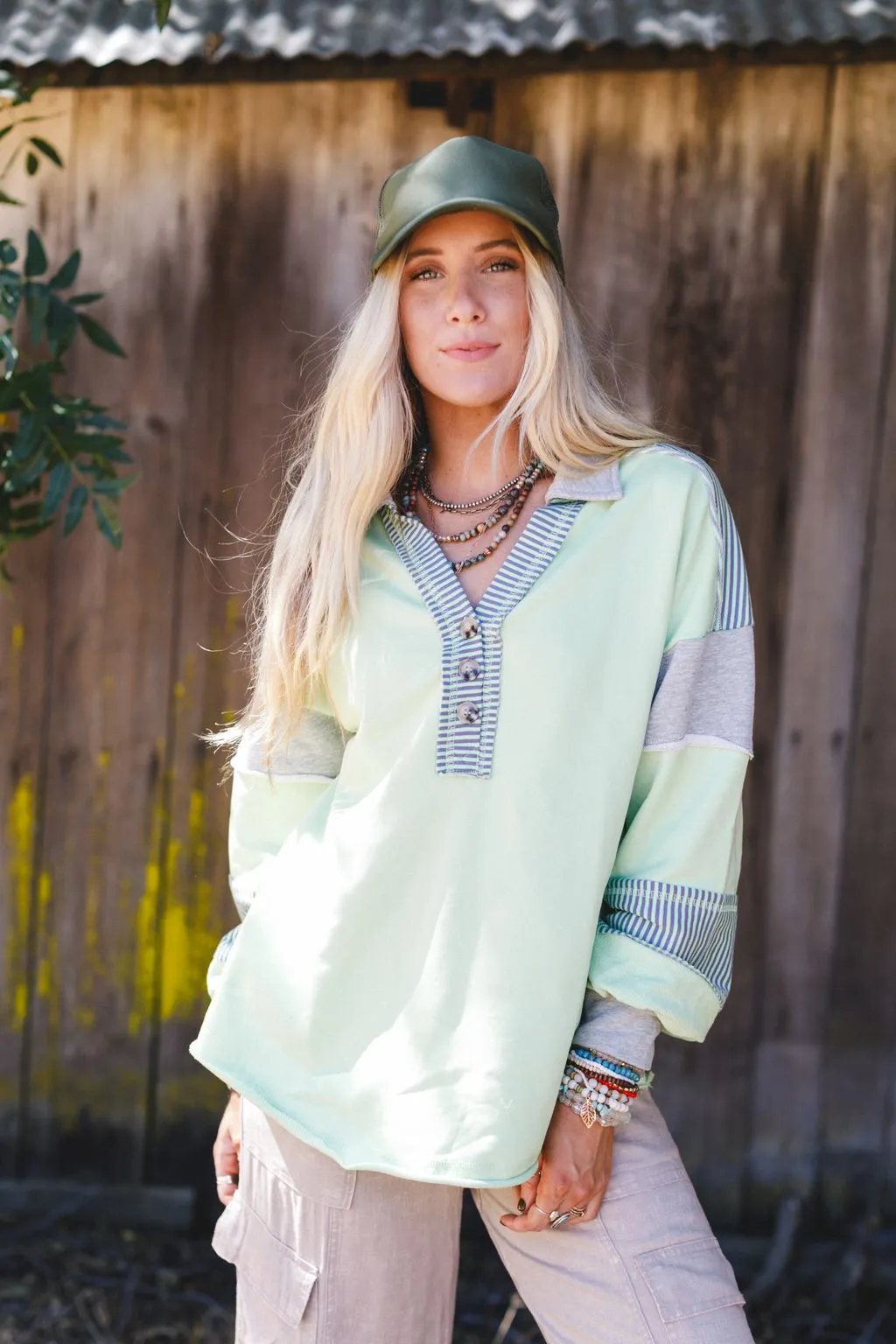 Harmony Haze Henley Top - Mint