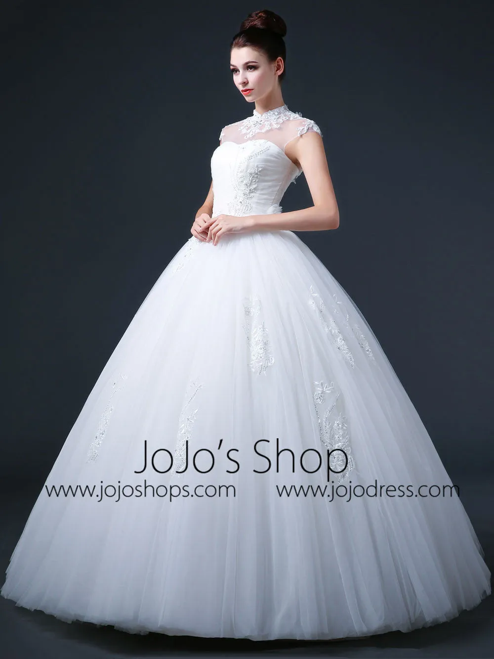 Lace Princess Debutante Ball Gown Wedding Dress with Mandarin Collar and Keyhole Back CC3008