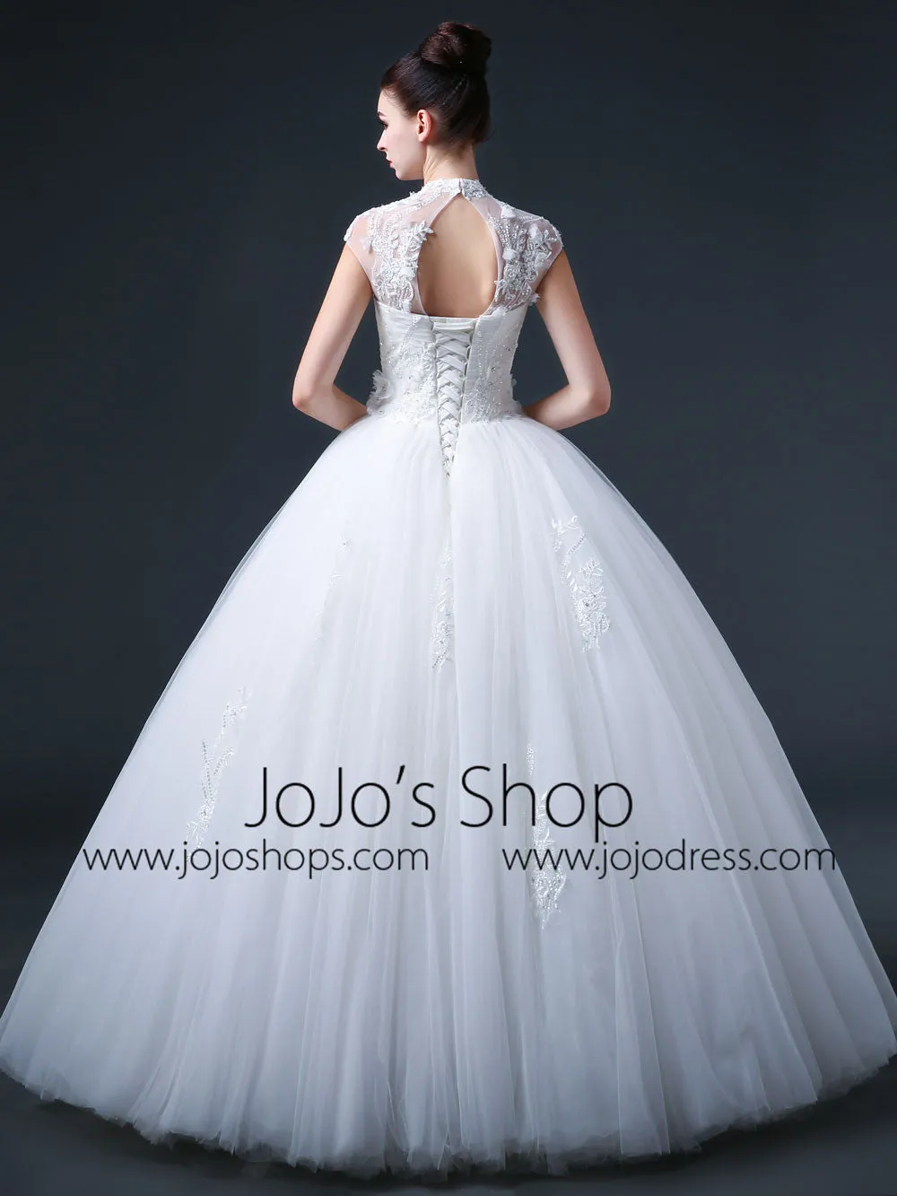 Lace Princess Debutante Ball Gown Wedding Dress with Mandarin Collar and Keyhole Back CC3008