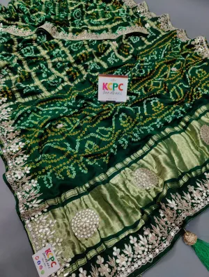 Latest New Gaji Silk Bandhani Gota Patti Work Saree with Blouse, AMT