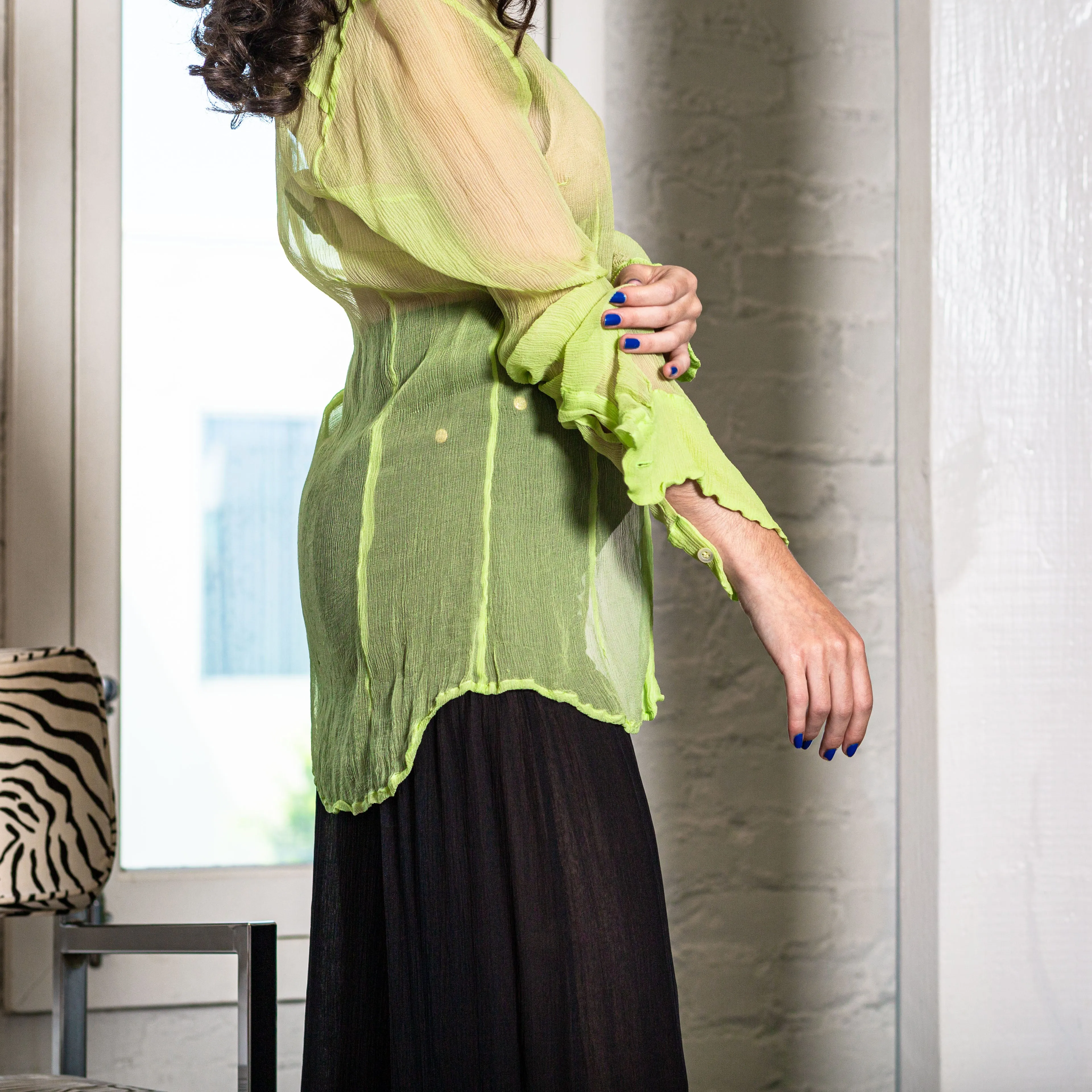 Light Green Silk Semi Sheer Button Down Top