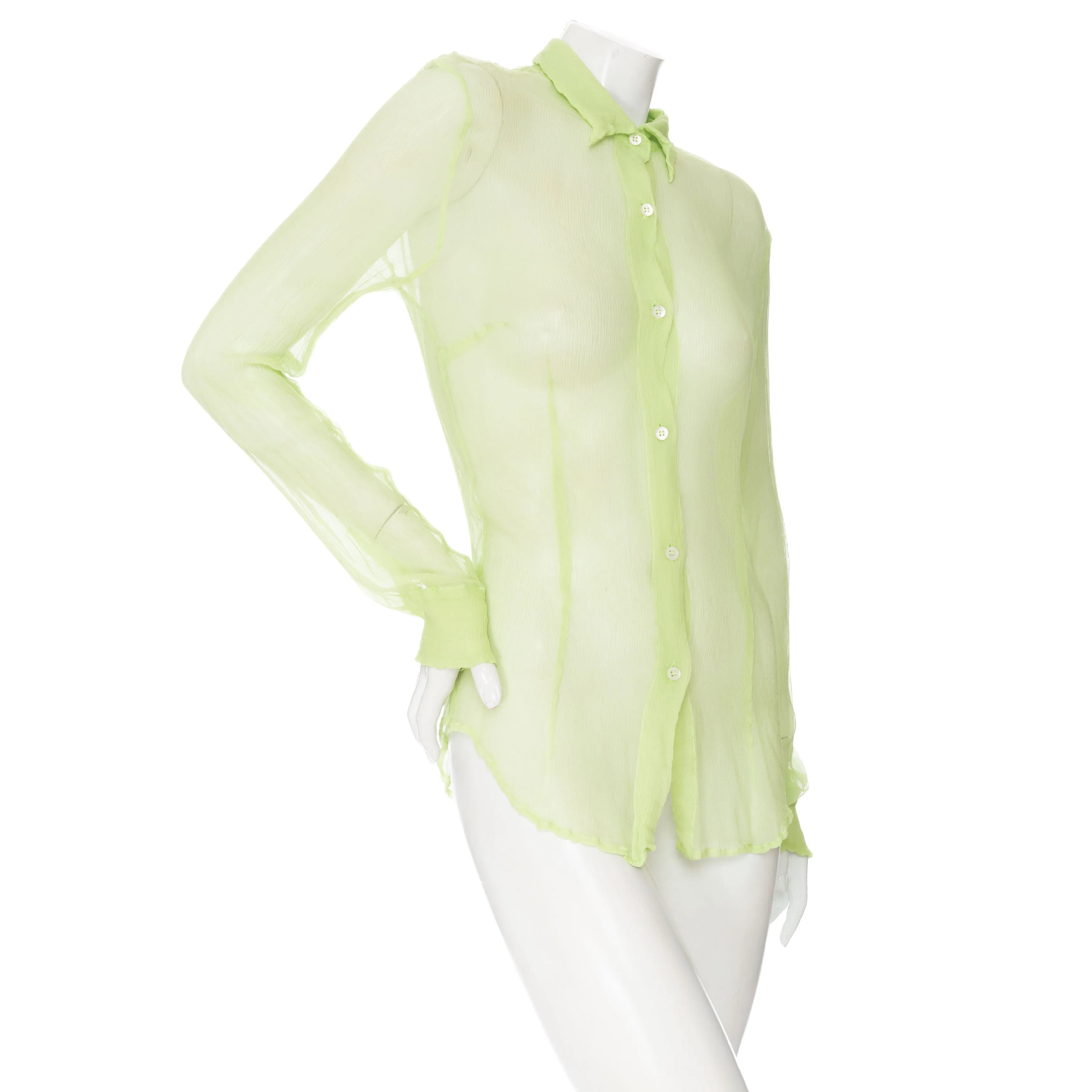 Light Green Silk Semi Sheer Button Down Top