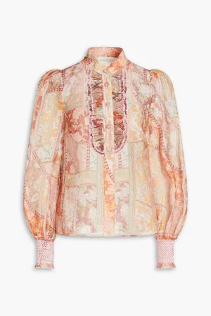 Linen and organza blouse with ruffles and floral print ZIMMERMANN, peach