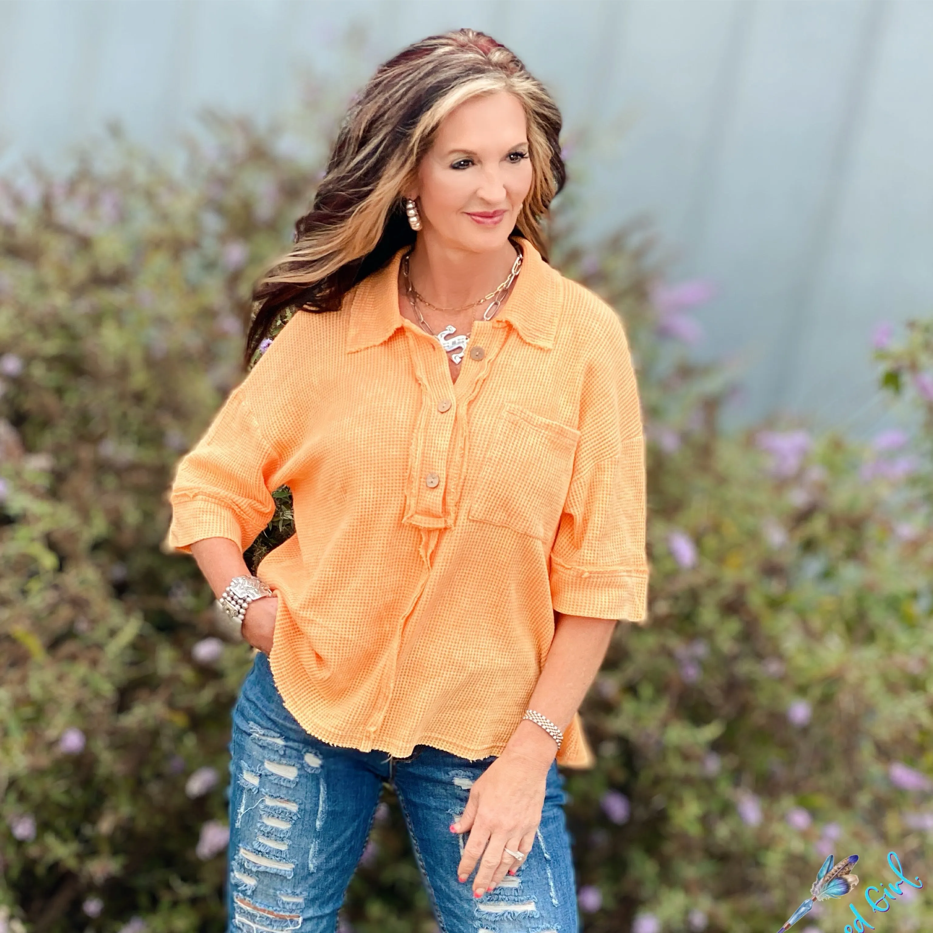 Mandy Don't Hold Back Apricot Mineral Washed Henley