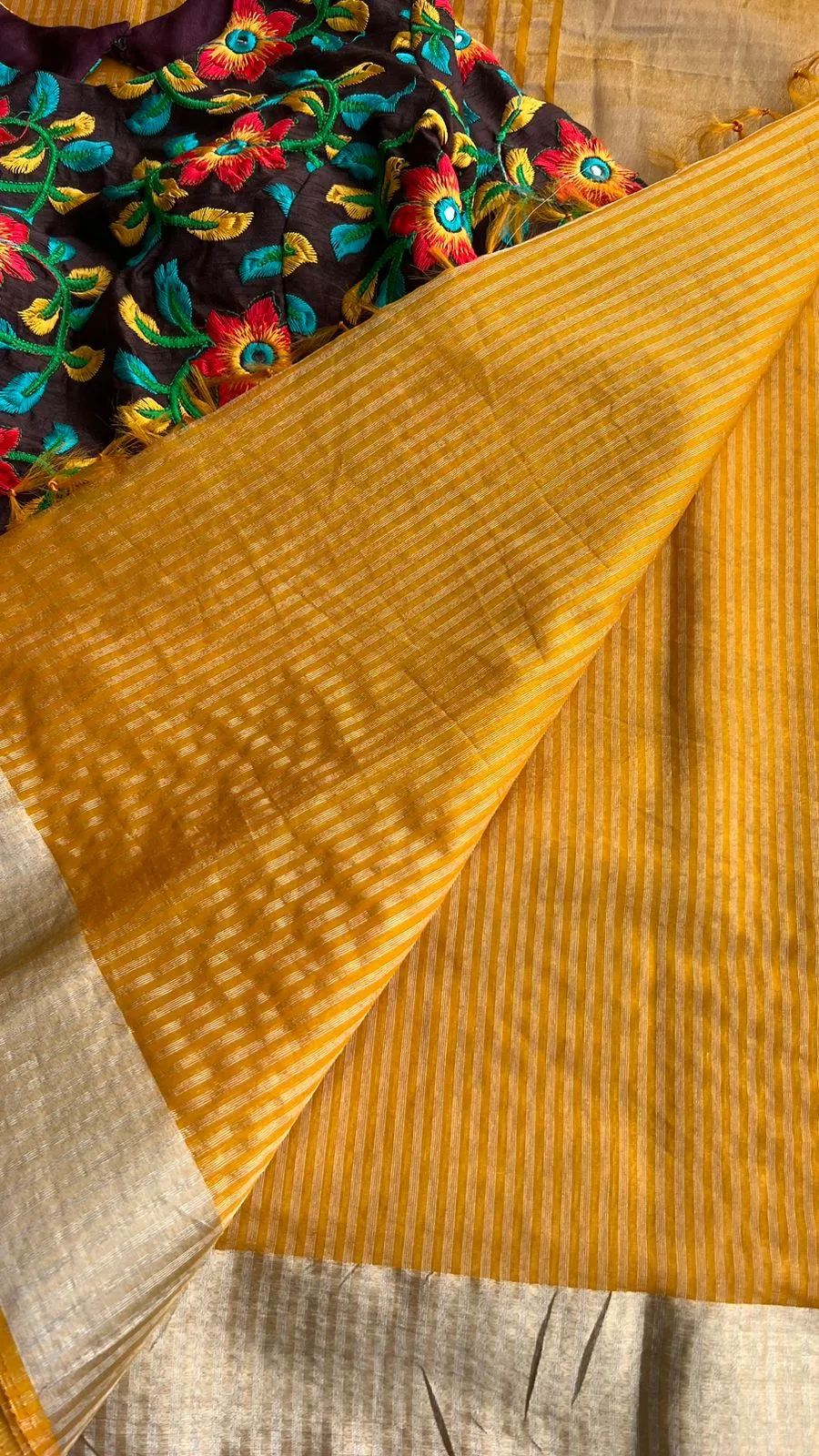 Mango yellow chanderi saree with embroidery blouse