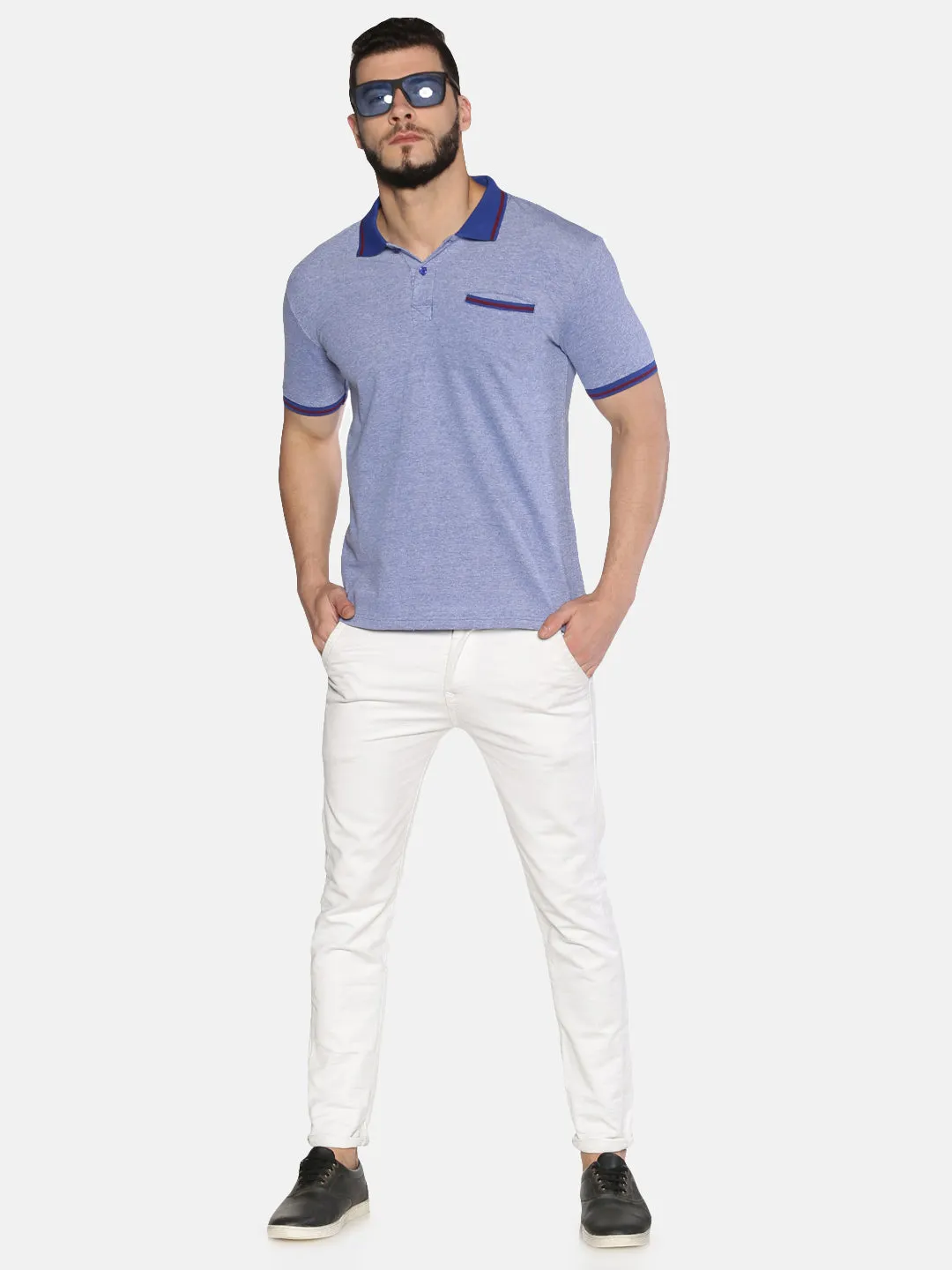 Men Blue White Red Tipping Collar Birds Eye Pique Polo Collared Neck Half Sleeve Regular Fit Casual T-Shirt with Pocket