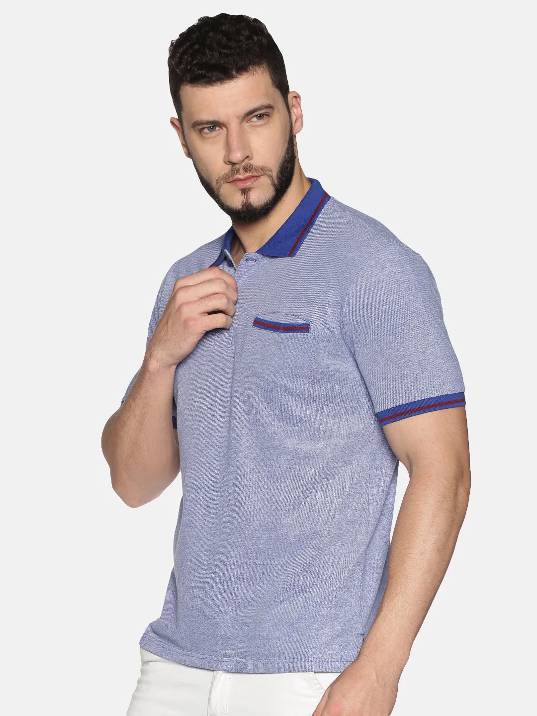 Men Blue White Red Tipping Collar Birds Eye Pique Polo Collared Neck Half Sleeve Regular Fit Casual T-Shirt with Pocket