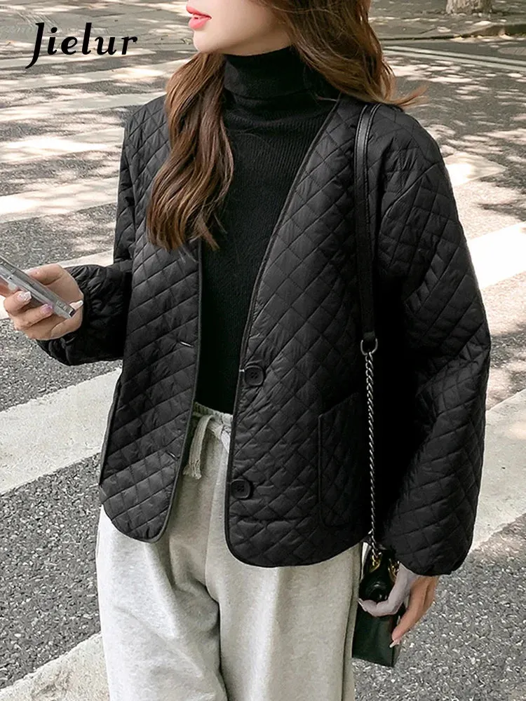 Metaversmall Korean Fashion Cotton Jacket Women Winter Casual Simple Lingge Beige Black Parkas Loose Short Jackets Woman Coat M-2XL