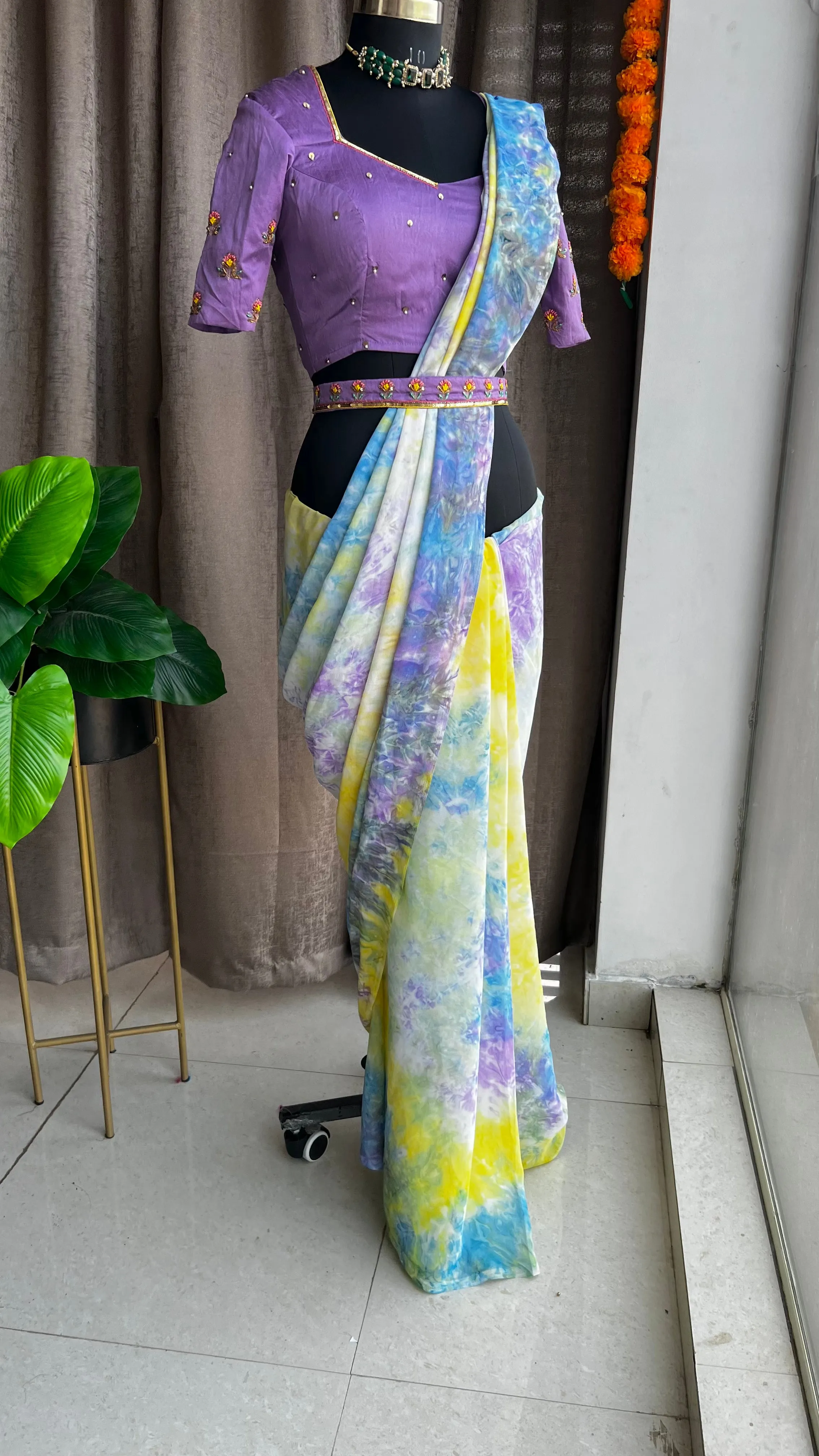 Multicolur chiffon saree with hand worked blouse