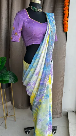 Multicolur chiffon saree with hand worked blouse