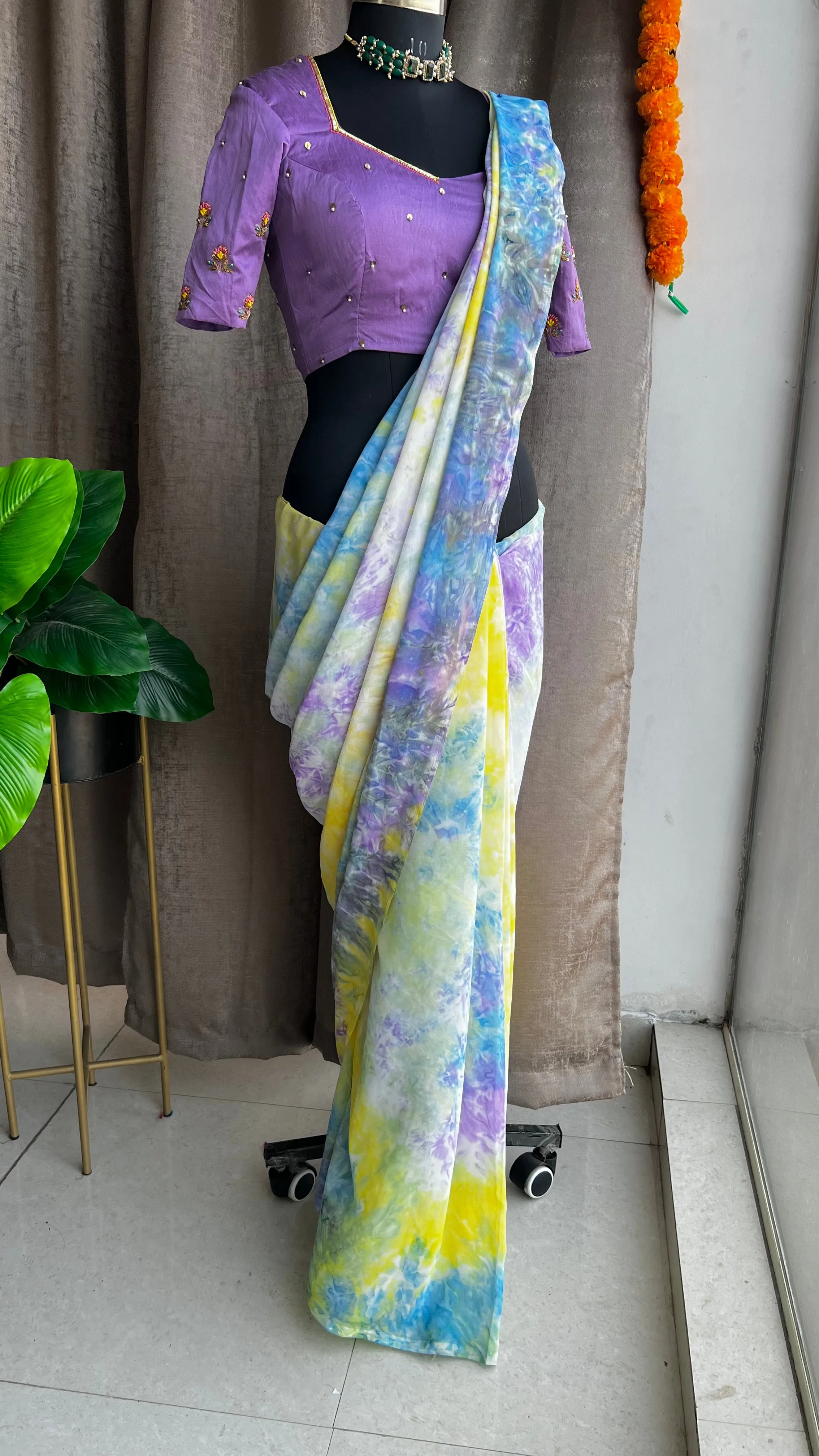 Multicolur chiffon saree with hand worked blouse