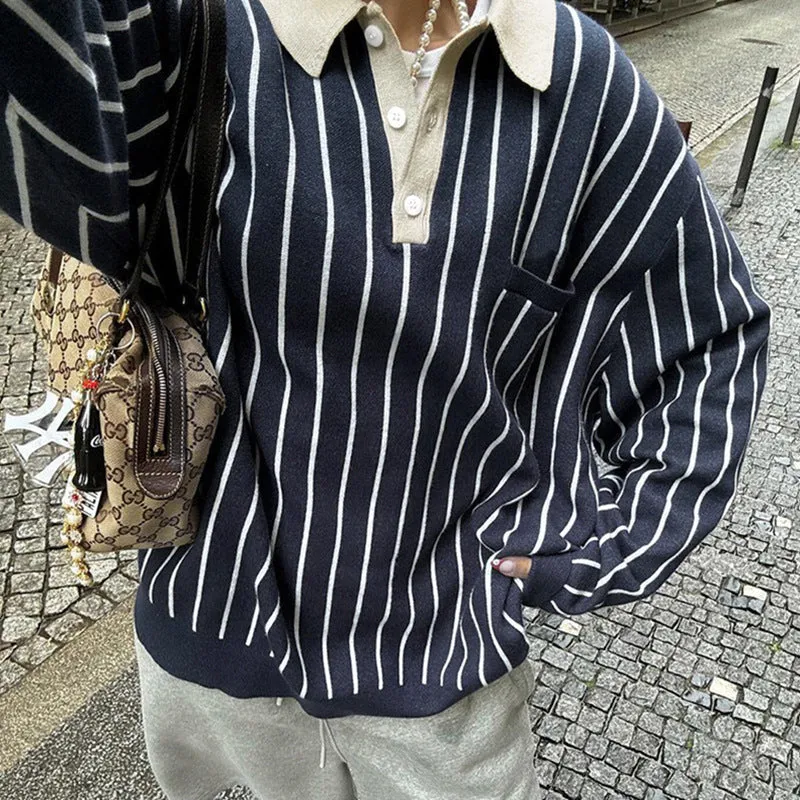 Oversized Striped Polo Sweatshirt