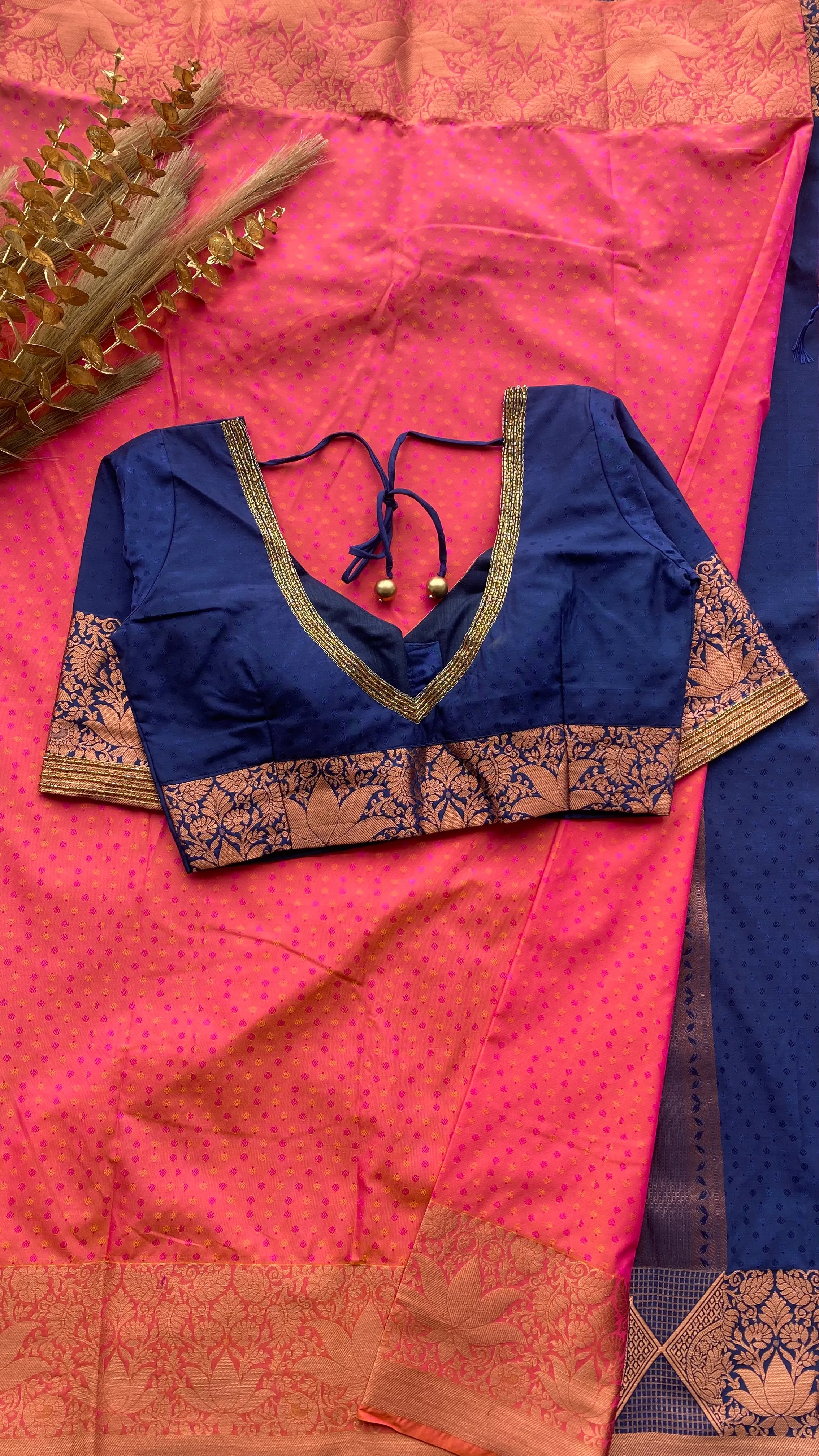 Peach and navy blue silk saree with hand work blouse