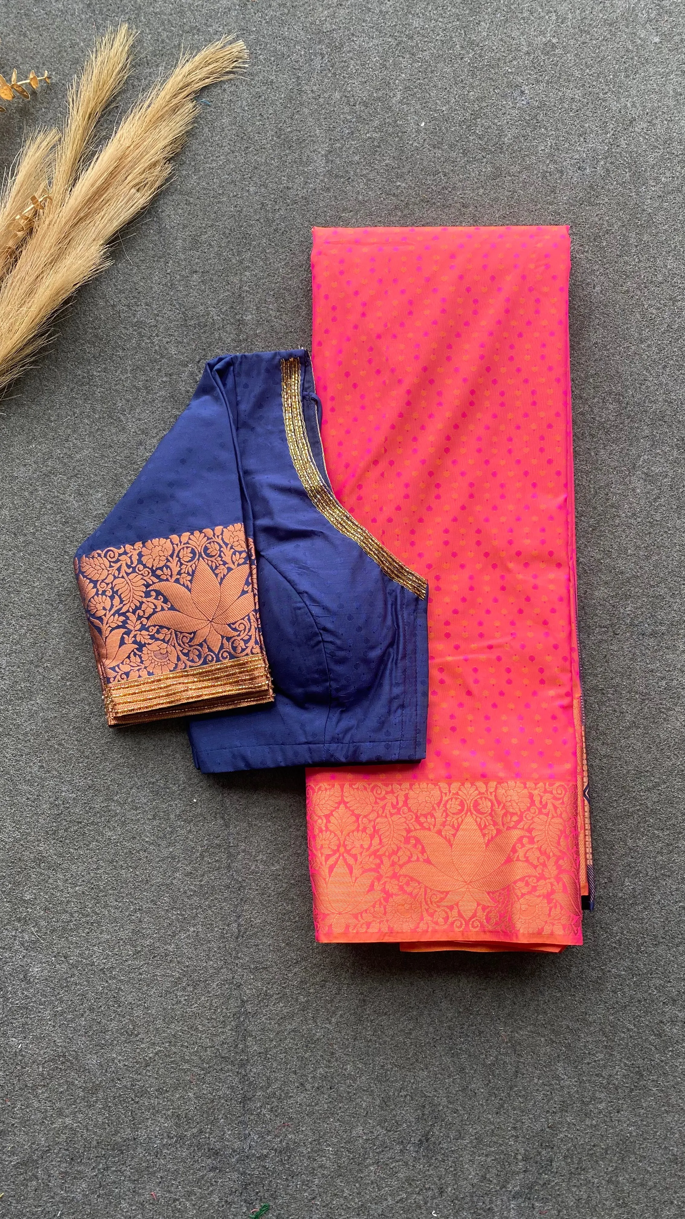 Peach and navy blue silk saree with hand work blouse