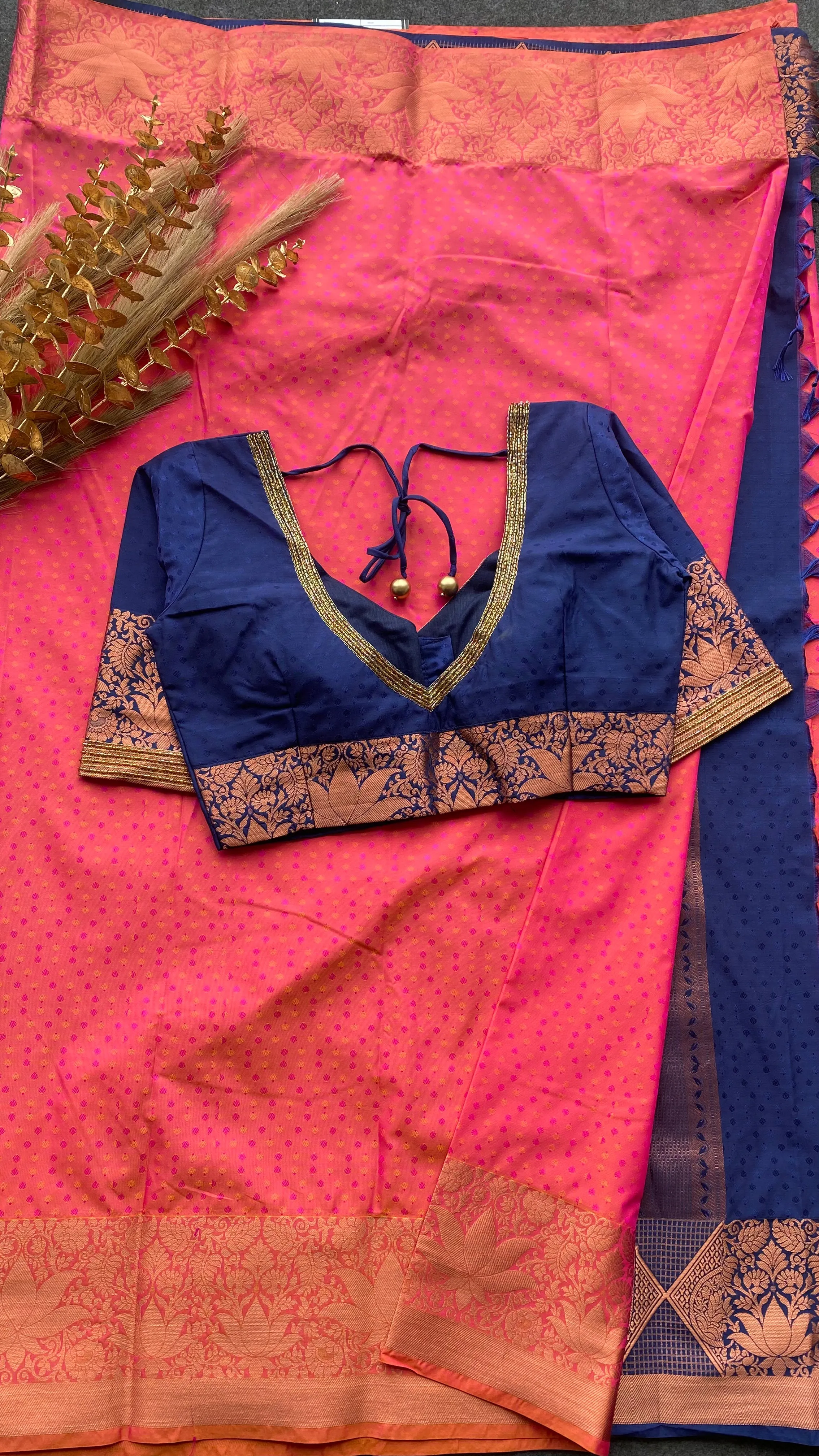 Peach and navy blue silk saree with hand work blouse