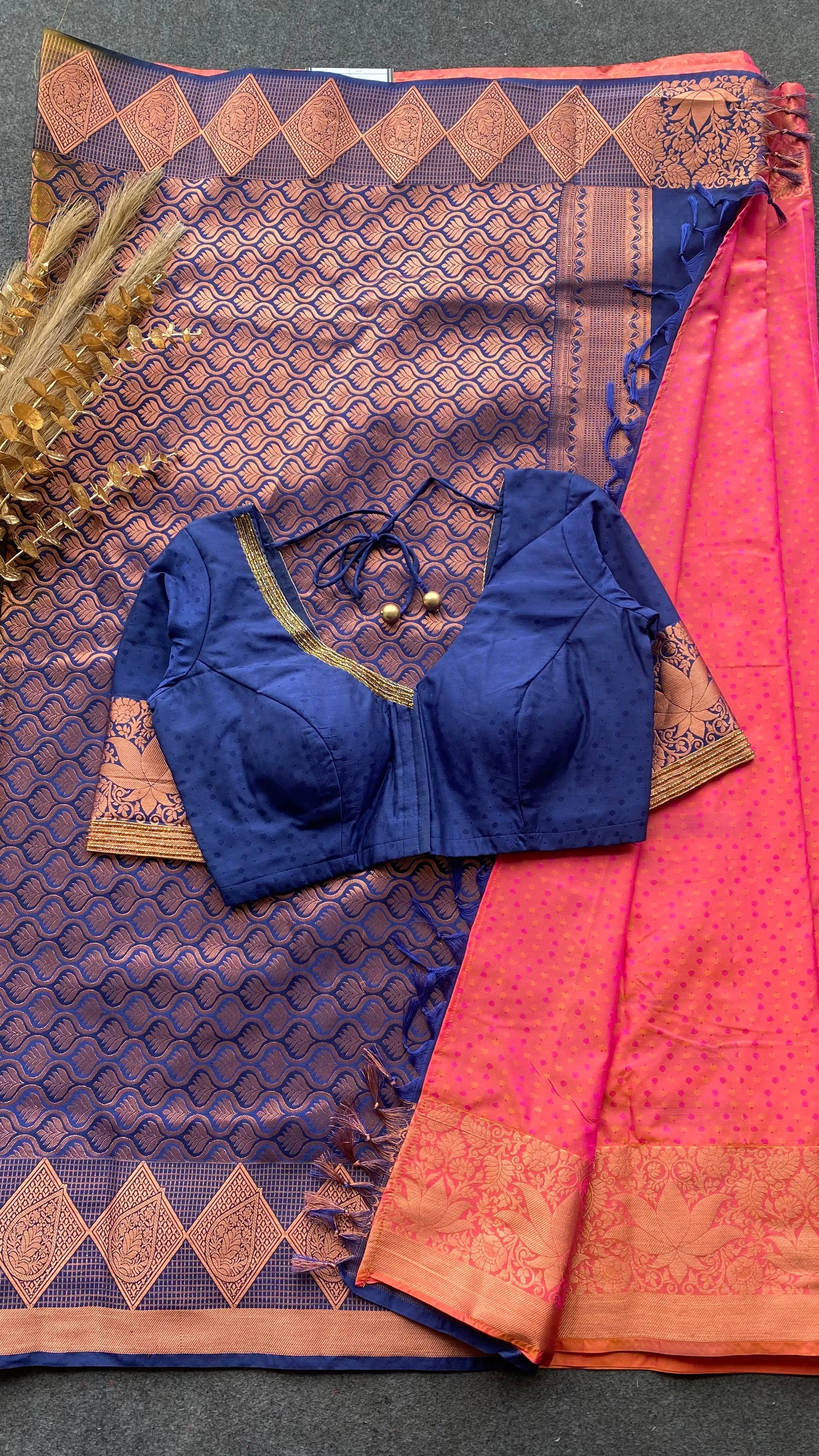 Peach and navy blue silk saree with hand work blouse