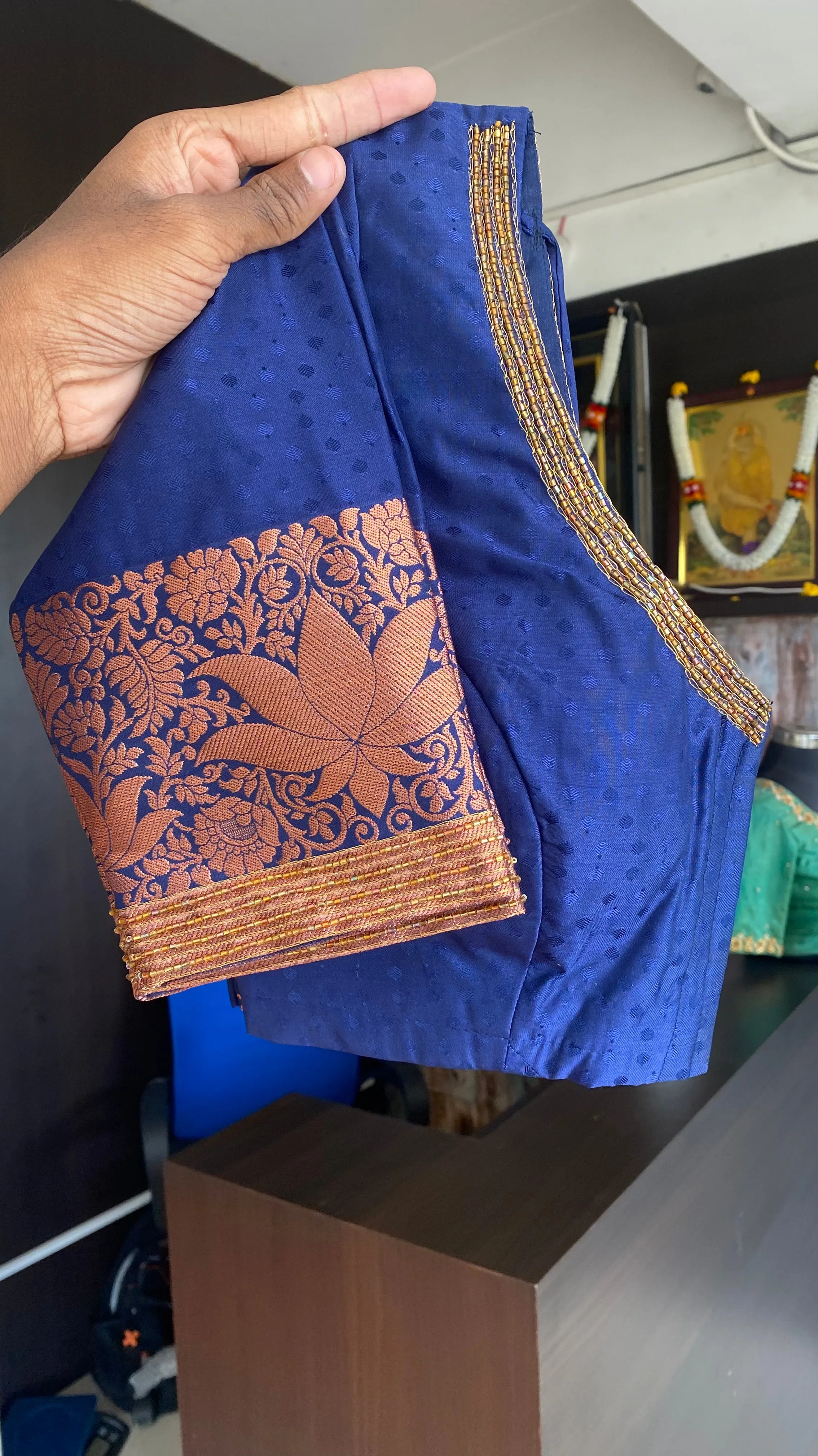 Peach and navy blue silk saree with hand work blouse