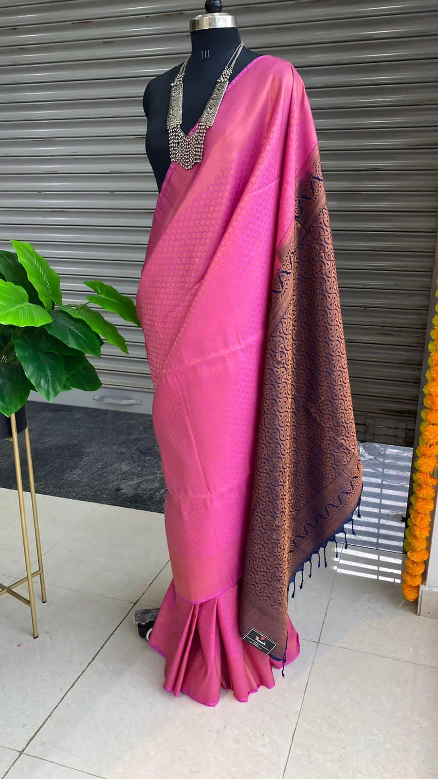 Pink and Blue soft Silk saree with blouse