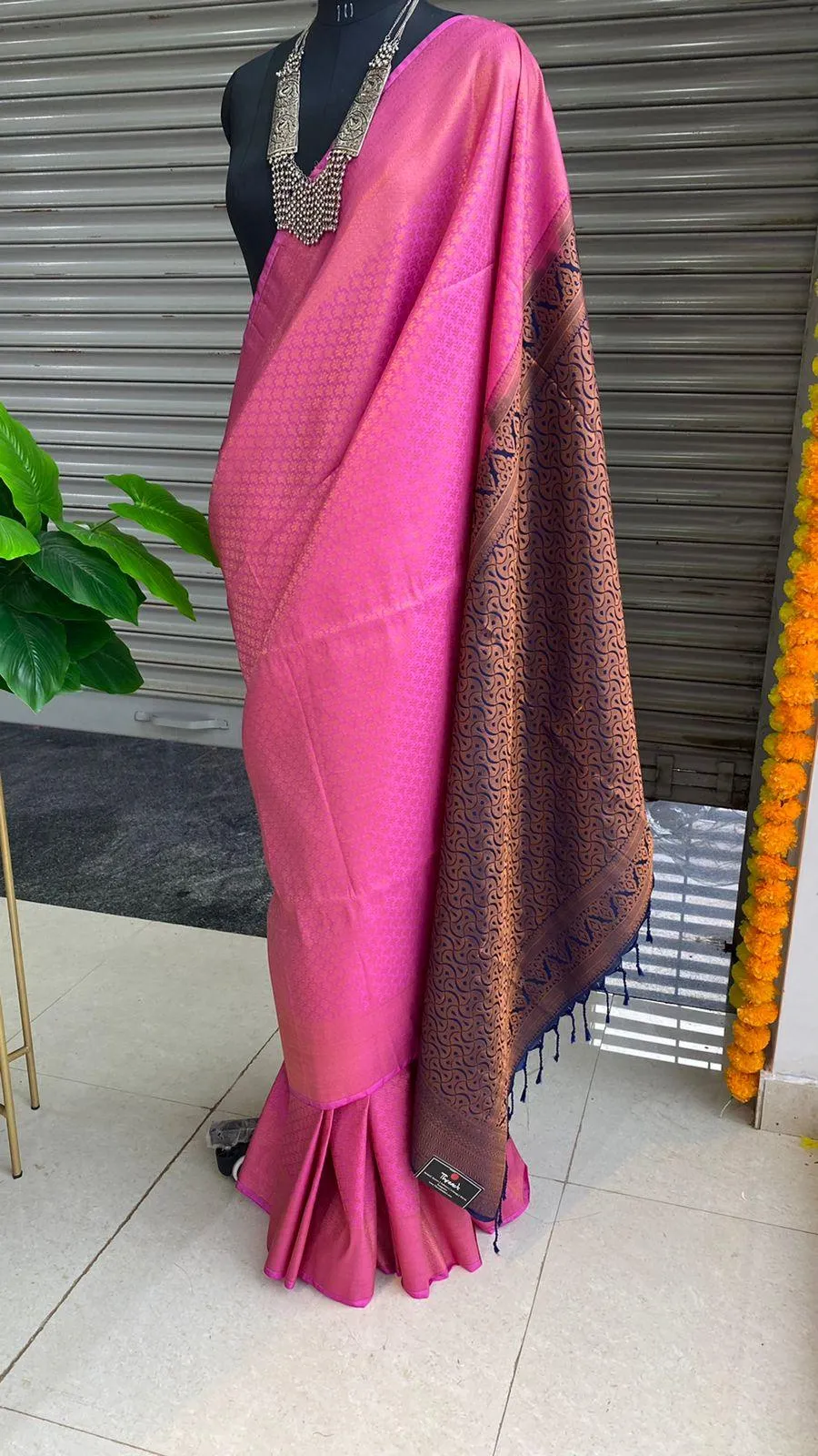 Pink and Blue soft Silk saree with blouse