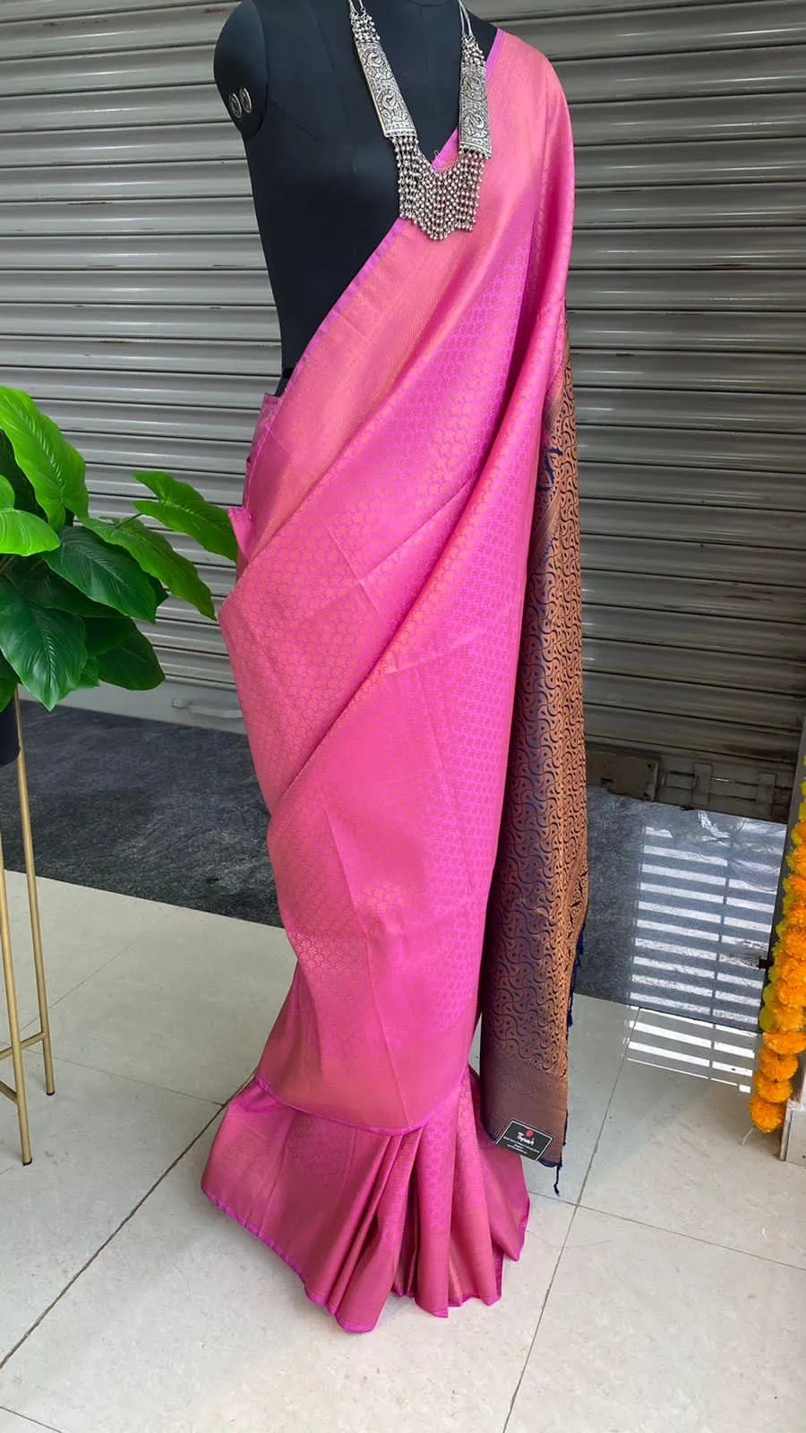 Pink and Blue soft Silk saree with blouse