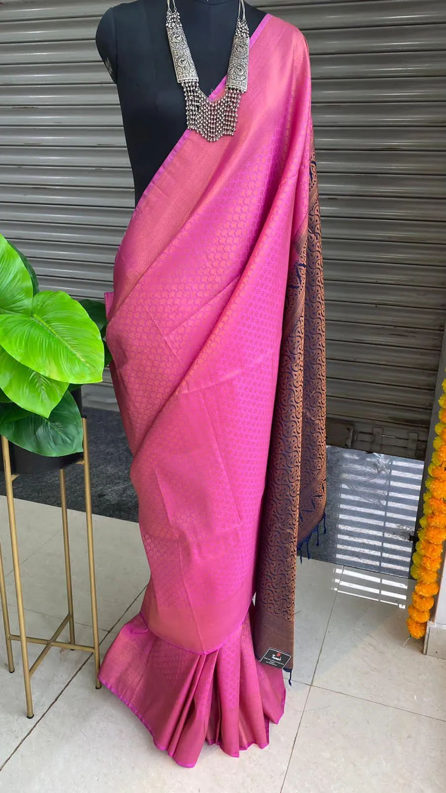 Pink and Blue soft Silk saree with blouse