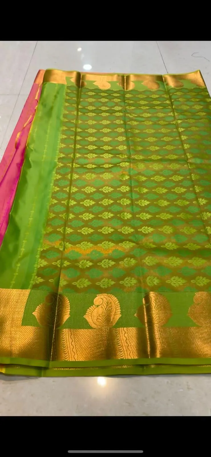 Pink and parrot green silk saree with blouse