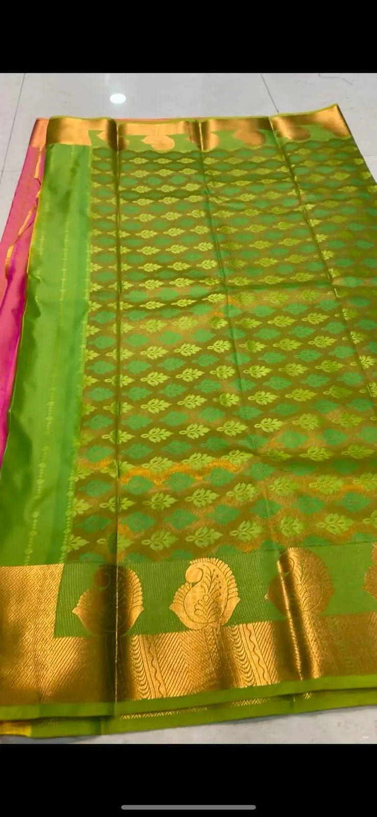 Pink and parrot green silk saree with blouse