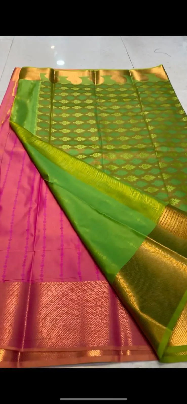 Pink and parrot green silk saree with blouse