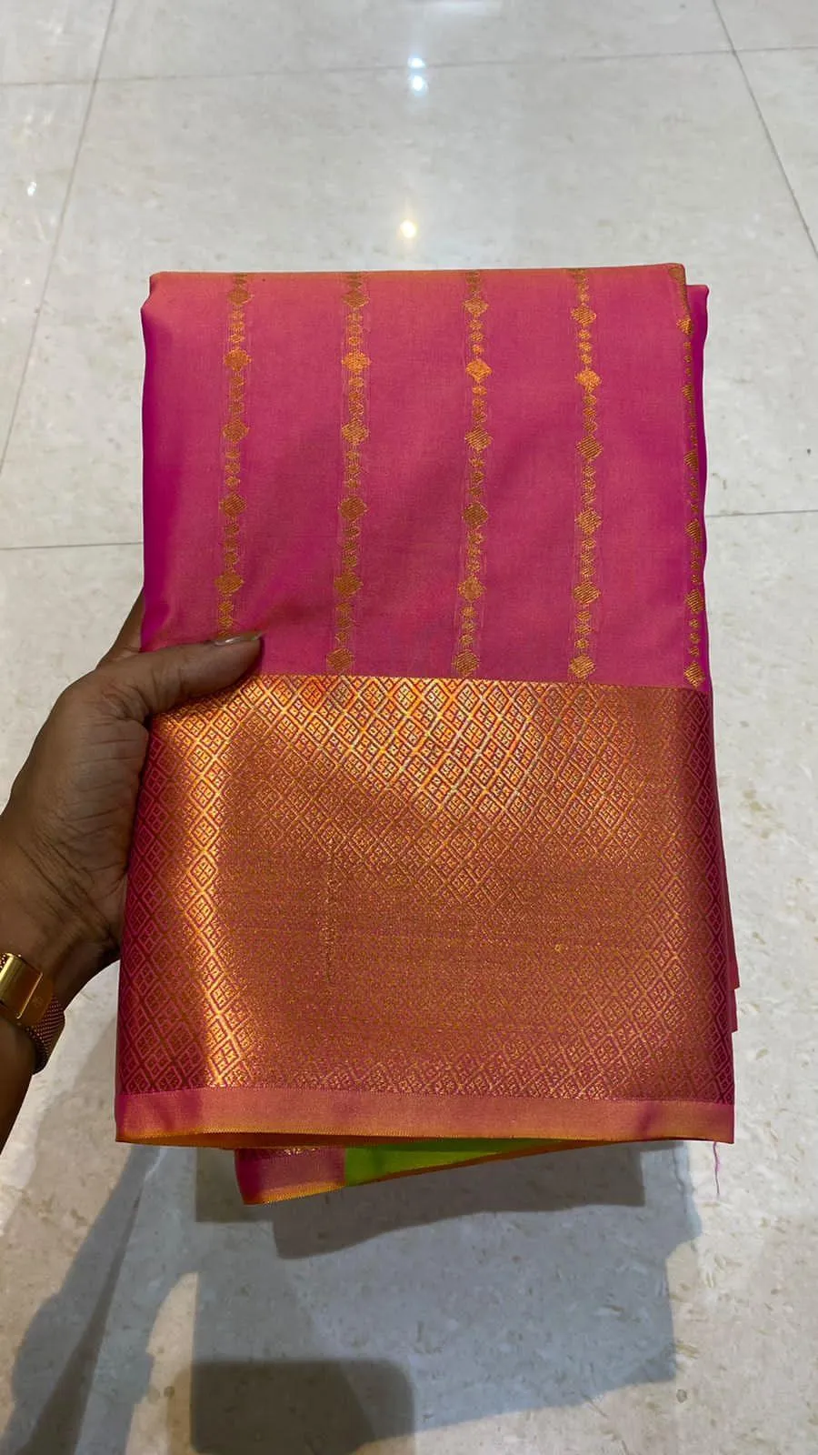 Pink and parrot green silk saree with blouse