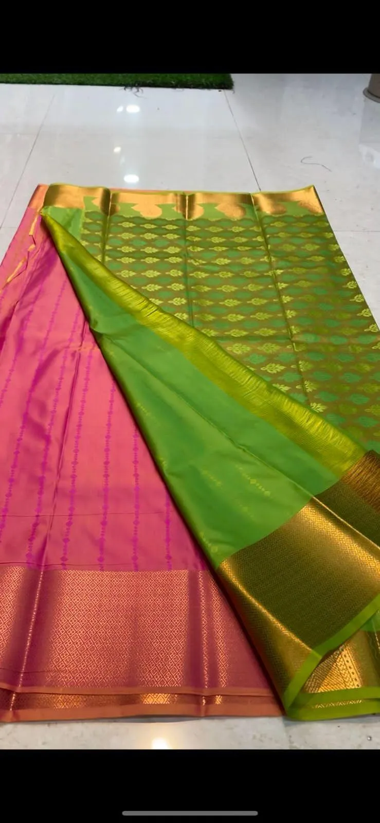 Pink and parrot green silk saree with blouse