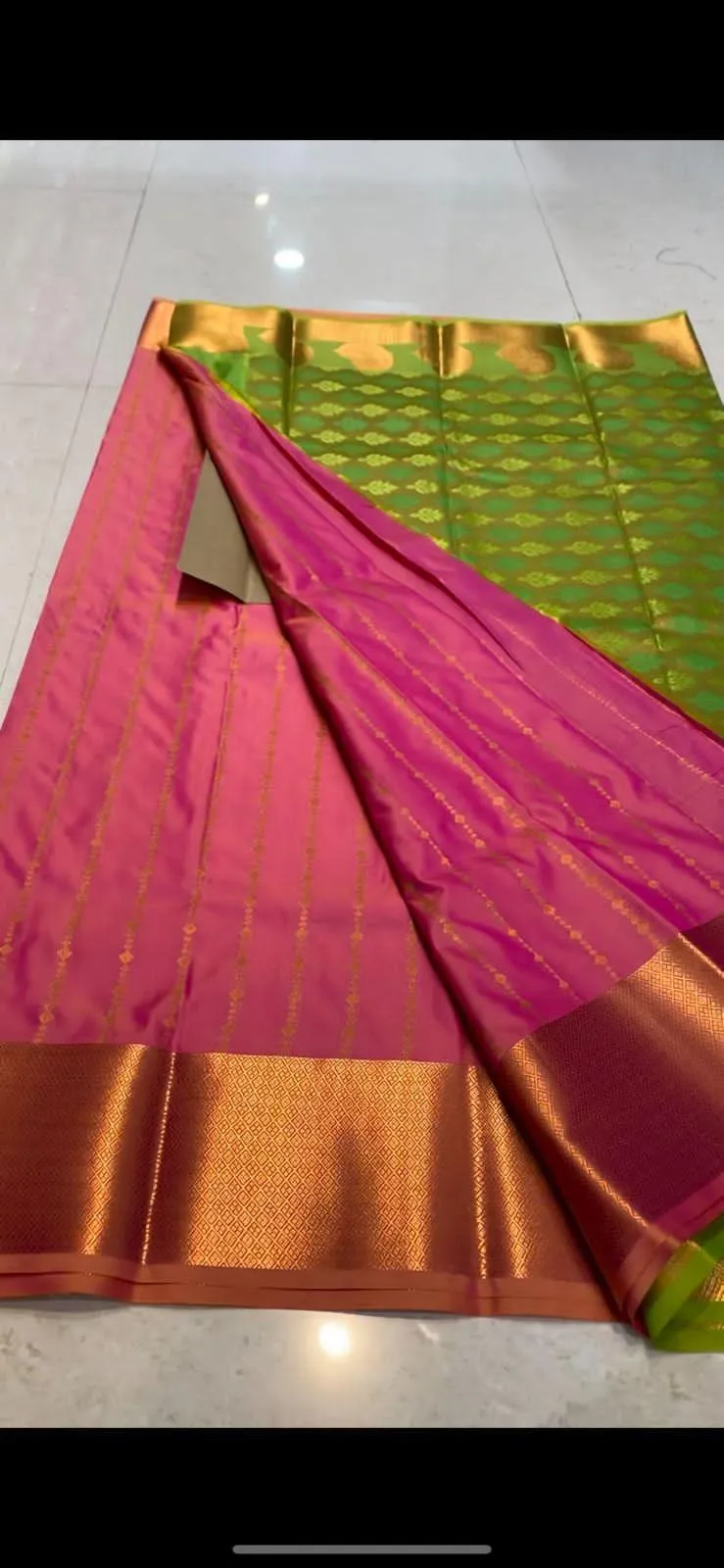 Pink and parrot green silk saree with blouse