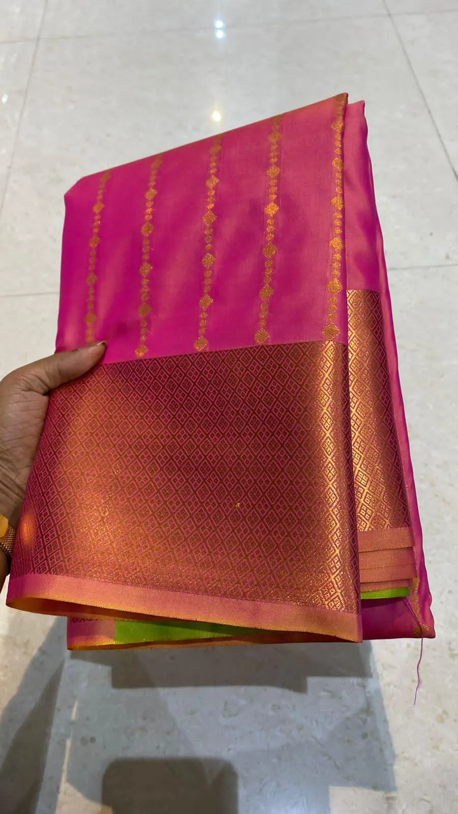 Pink and parrot green silk saree with blouse