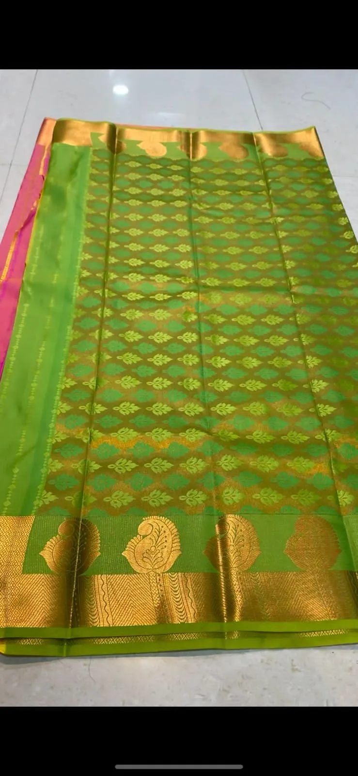 Pink and parrot green silk saree with blouse