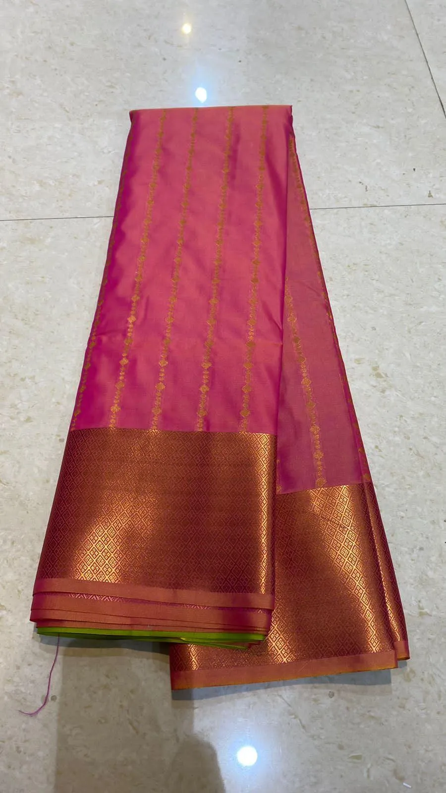 Pink and parrot green silk saree with blouse