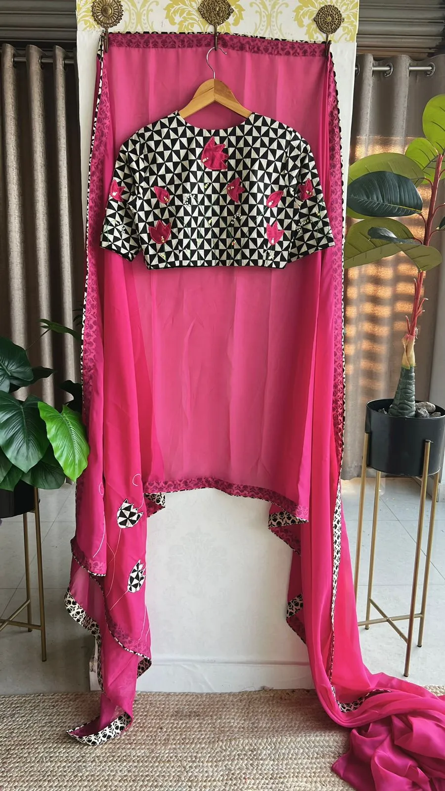 Pink soft organza saree with hand worked blouse