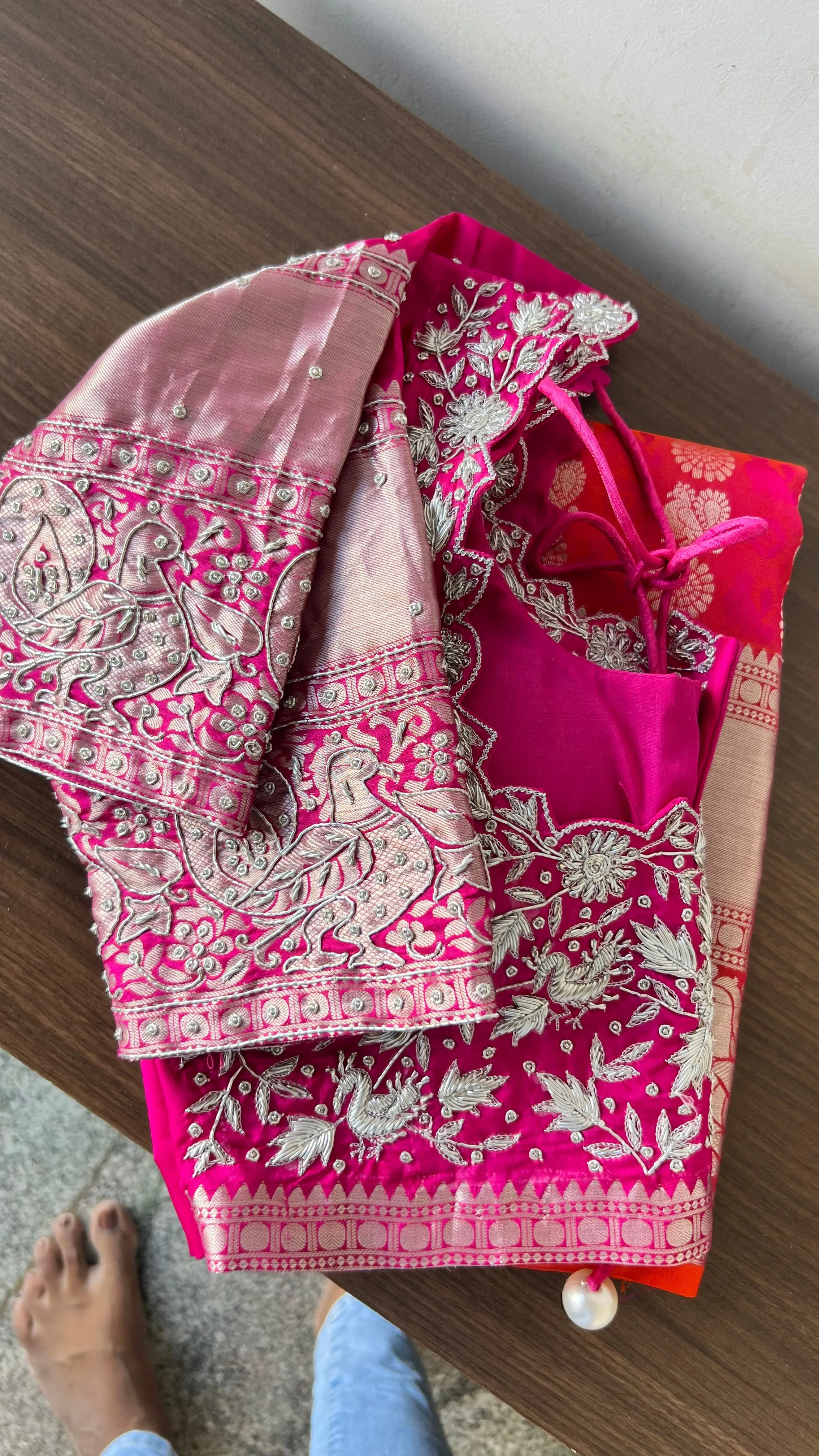 Red and silver kanchipuram silk saree with hand worked blouse