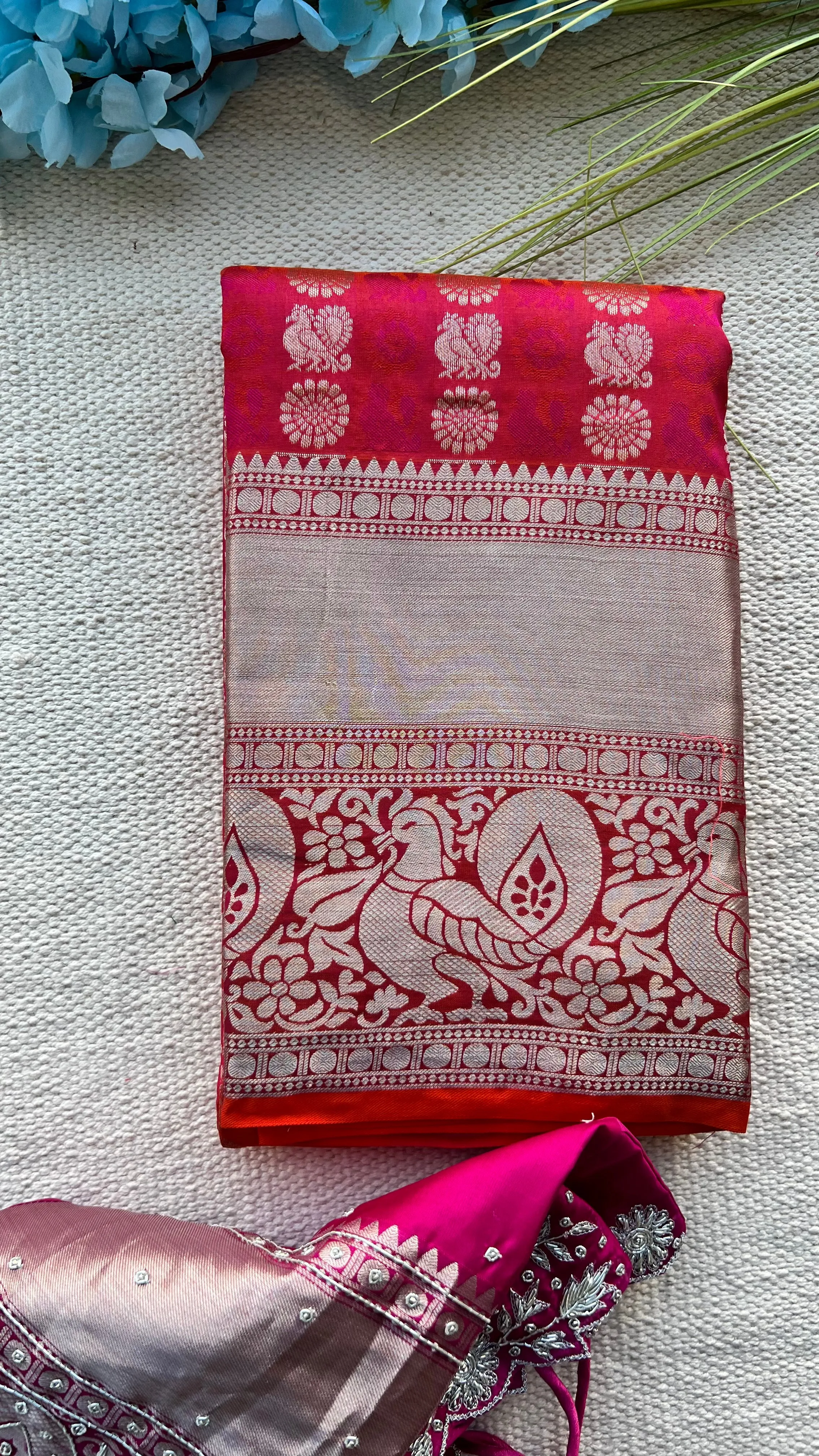 Red and silver kanchipuram silk saree with hand worked blouse