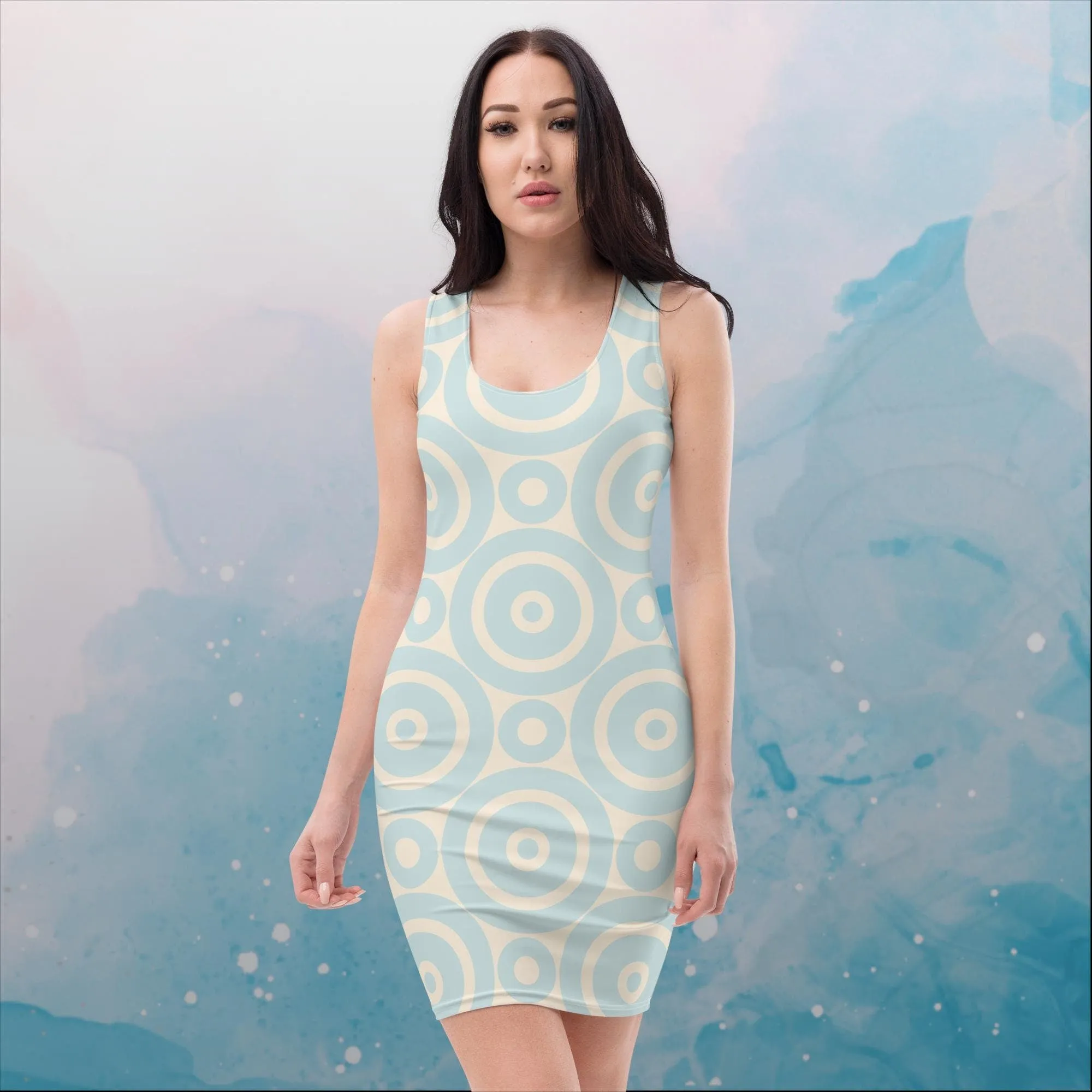 Robins Egg Blue Printed Target Circles Womens Bodycon Tank Dress