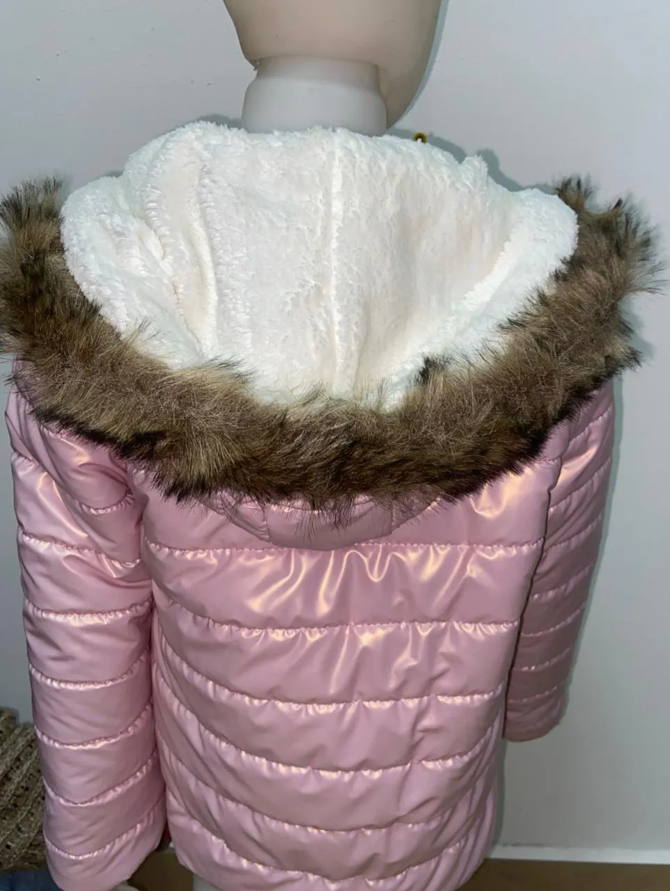 Rose Metallic Puffer Jacket With Brown Fur