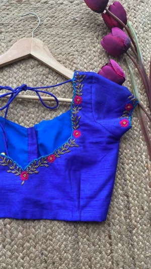 Royal Blue neck hand embroidery worked blouse