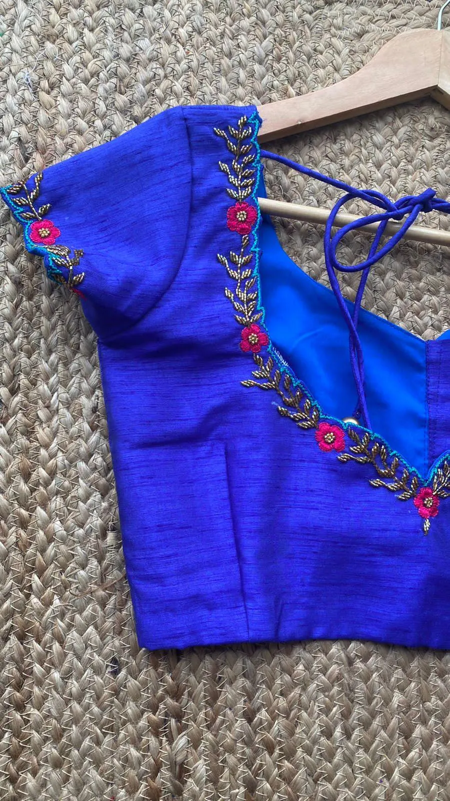 Royal Blue neck hand embroidery worked blouse