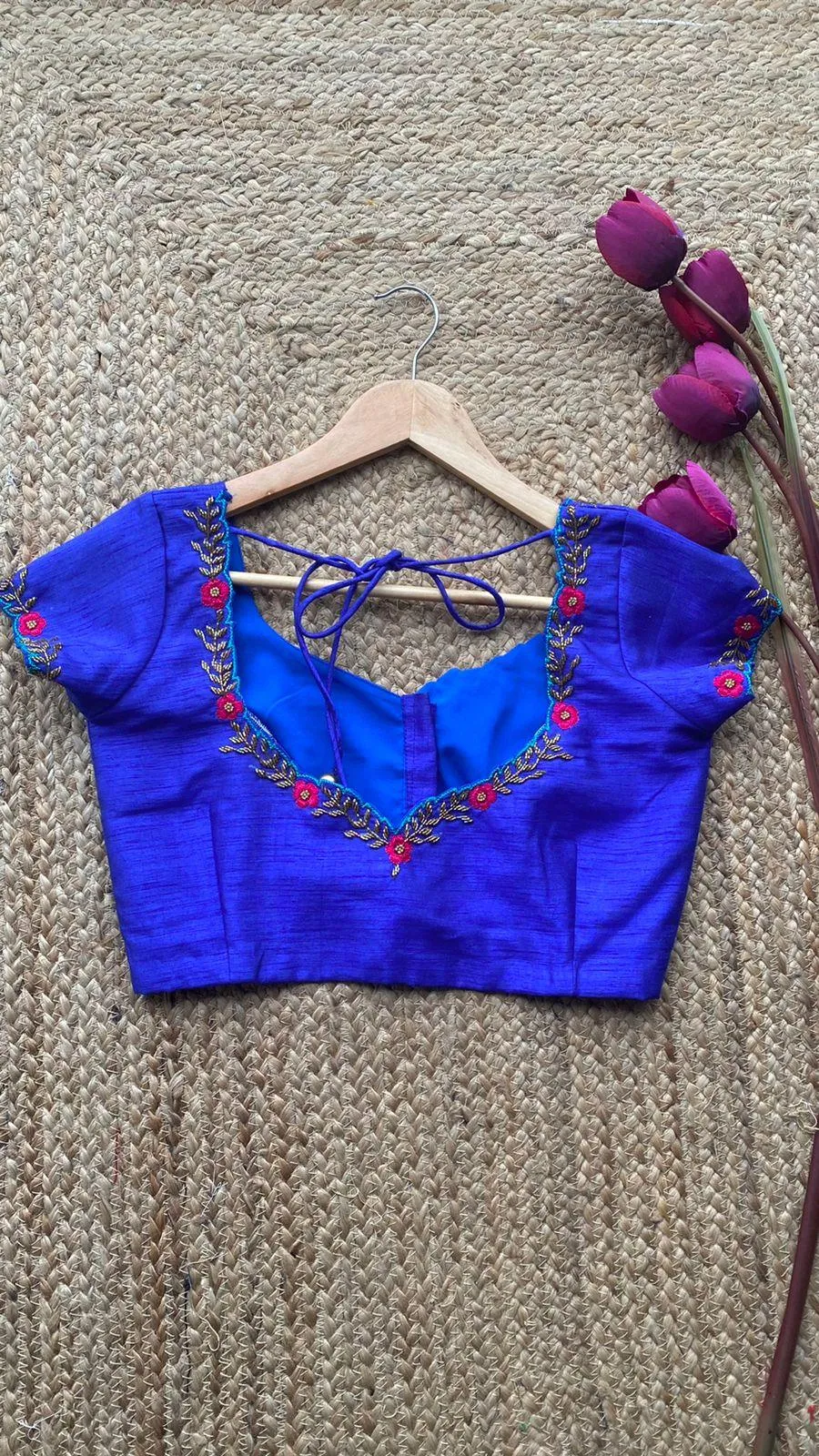 Royal Blue neck hand embroidery worked blouse